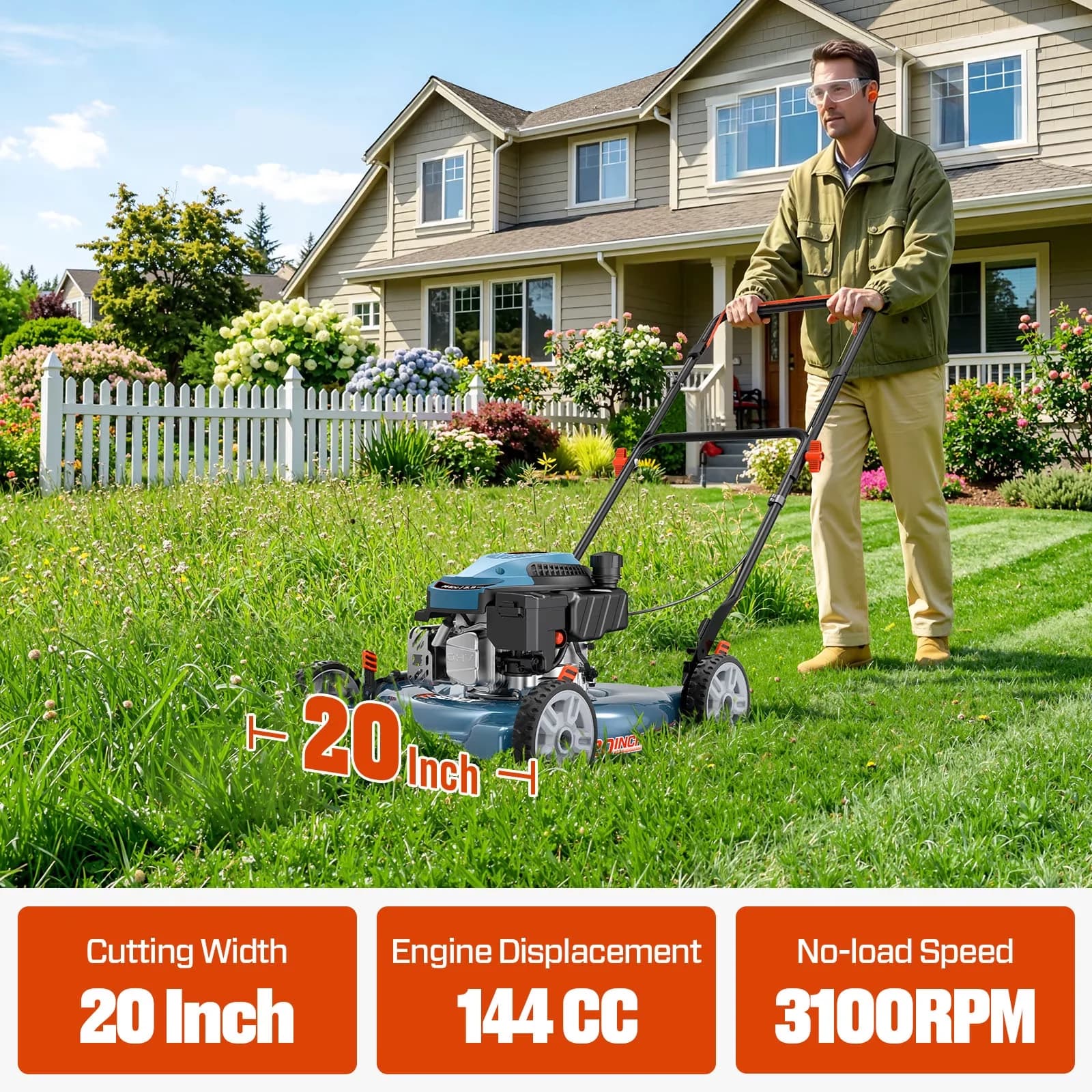 Innovative Push Mower with Adjustable Cutting Height, Folding Handle - Blue Model 77D4ED