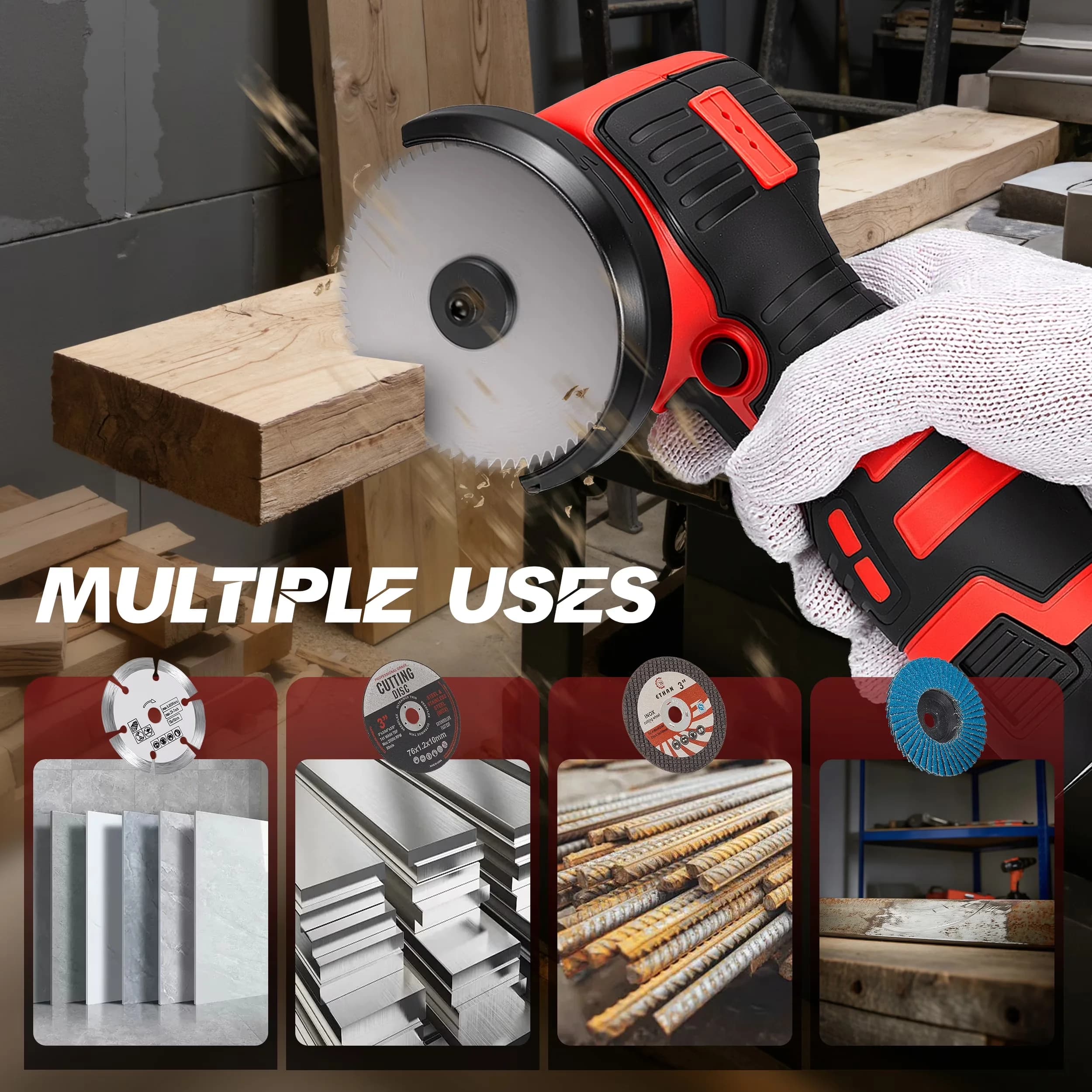 Sleek Woodworking with Battery, ▶ KEY FEATURES:, 9 Pcs Cutting Discs for Home - Model EB87EE
