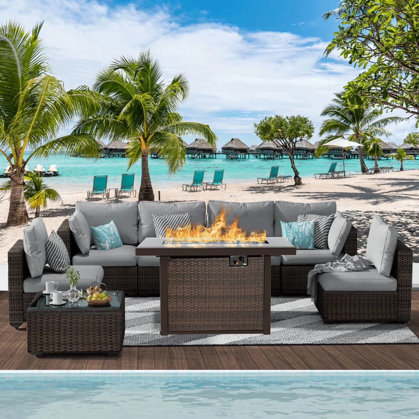 Patio Conversation Set Durable with All Weather Outdoor Sectional PE Rattan, Sets, Fire Pit Table - Gray Metal,Pe Rattan Model 6C46E9