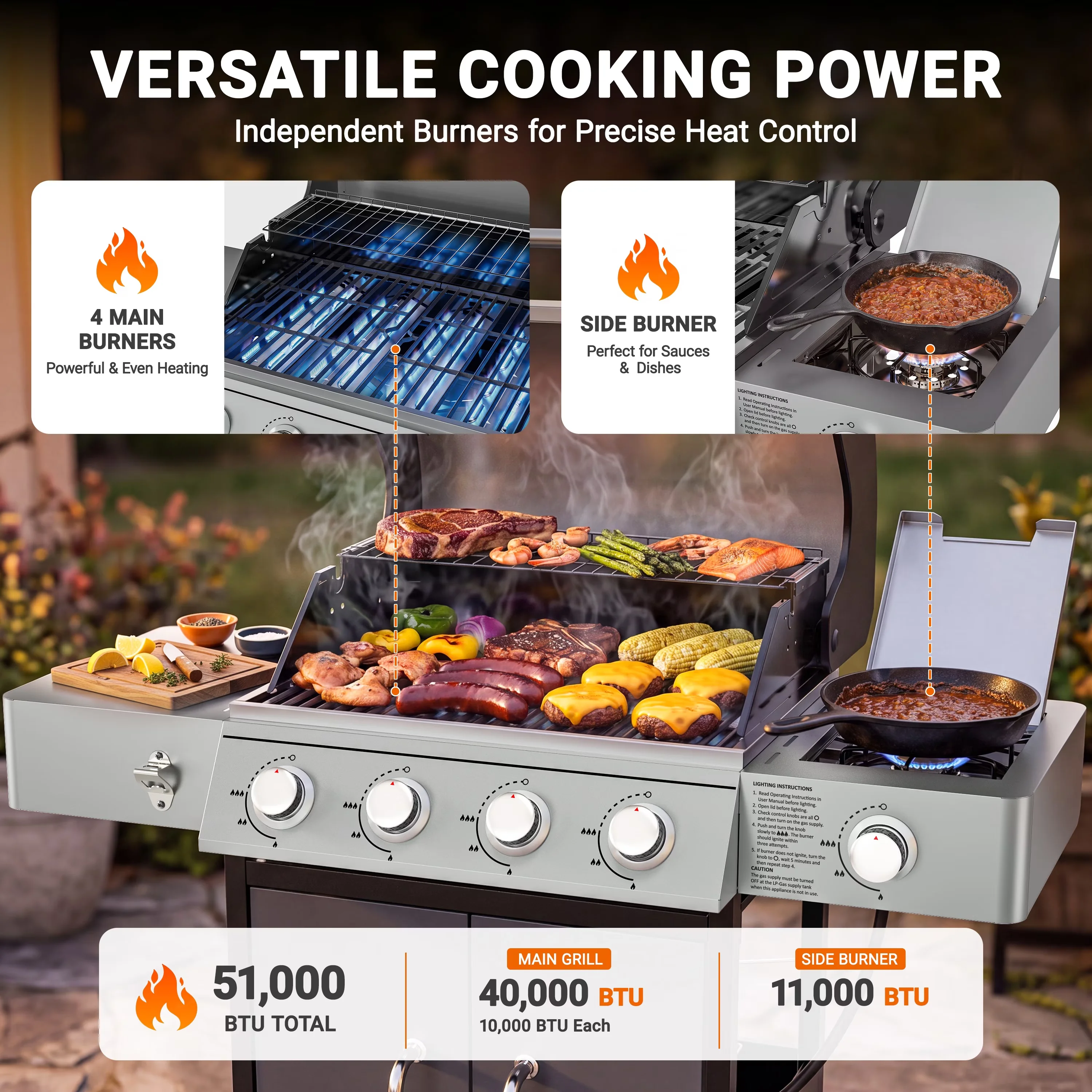 Professional Gas Grill with 51000 BTU, Heat Thermometer, Warming Rack - Stainless Steel, Iron Gray Model 7B2E26