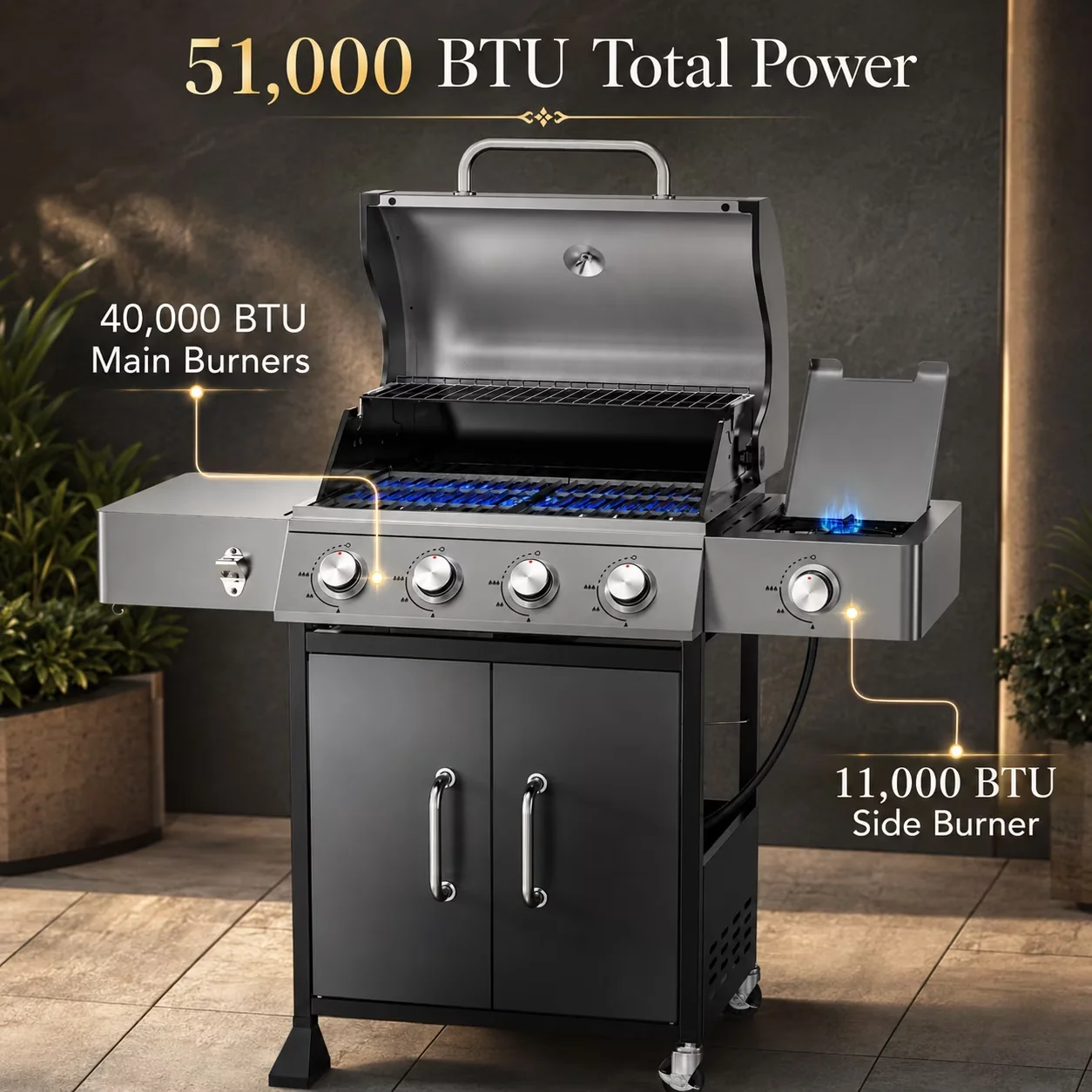 Gas Grill Durable with 51000 BTU, Storage Rack, Heat Thermometer - Steel Model 12698F