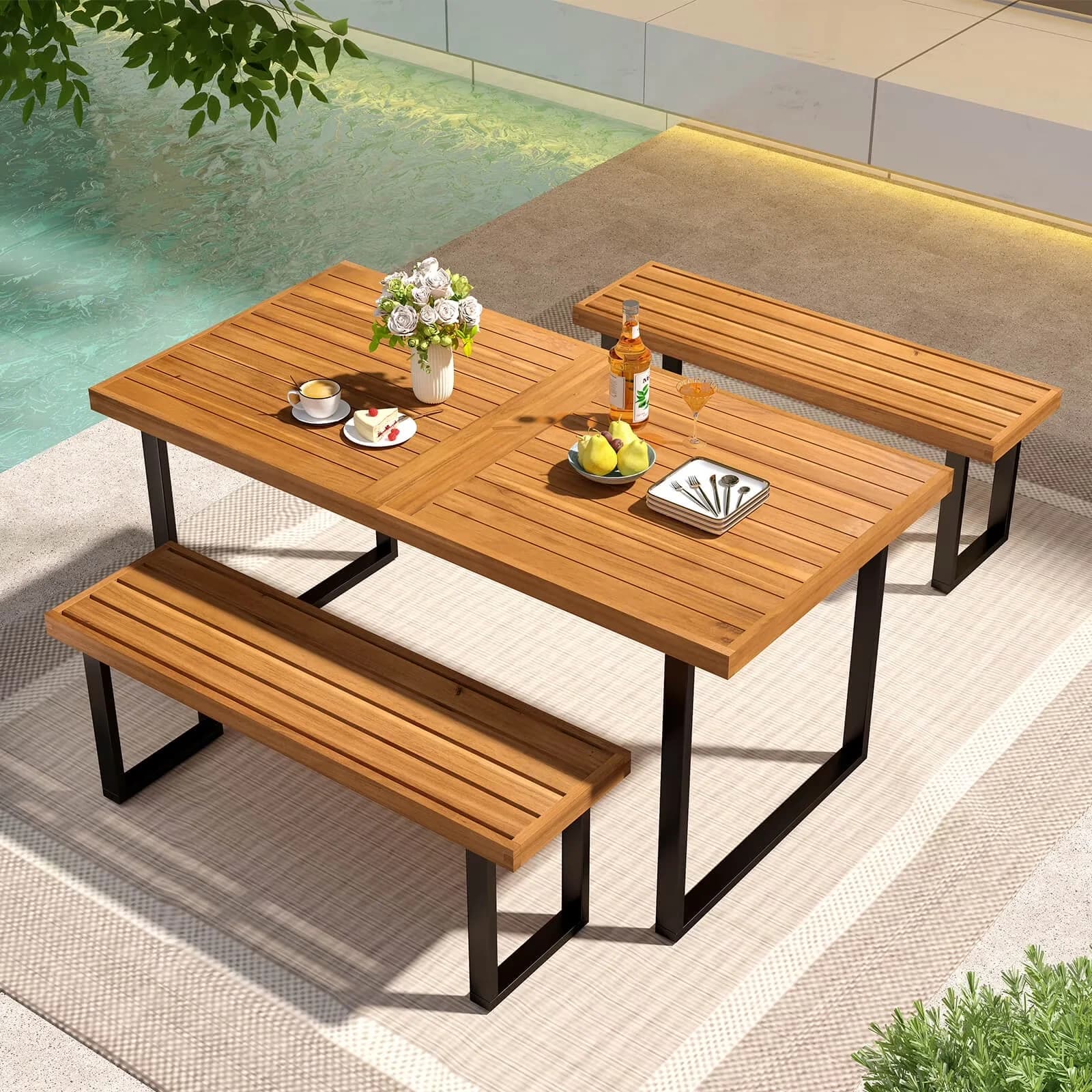 Essential Patio Dining Set with Adjustable, Farmhouse, 3PCS Table - Acacia Wood, Metal Orange Model BEADFD