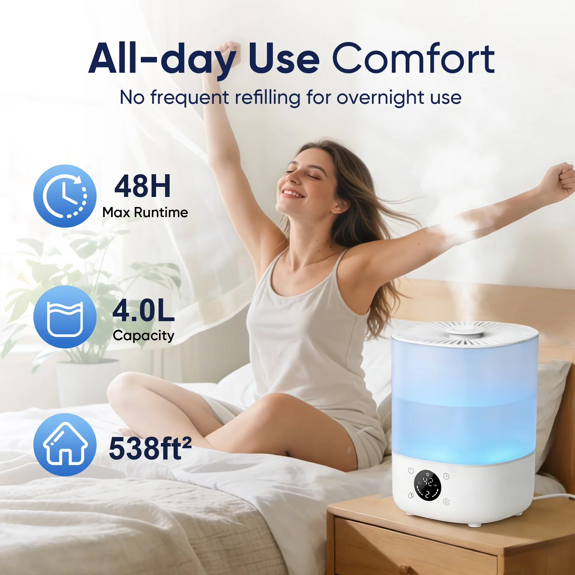 Sleek Humidifier with Automatic Shut-Off, Adjustable Humidistat, Oil Diffuser - White for Large, Bedroom Model 26B519