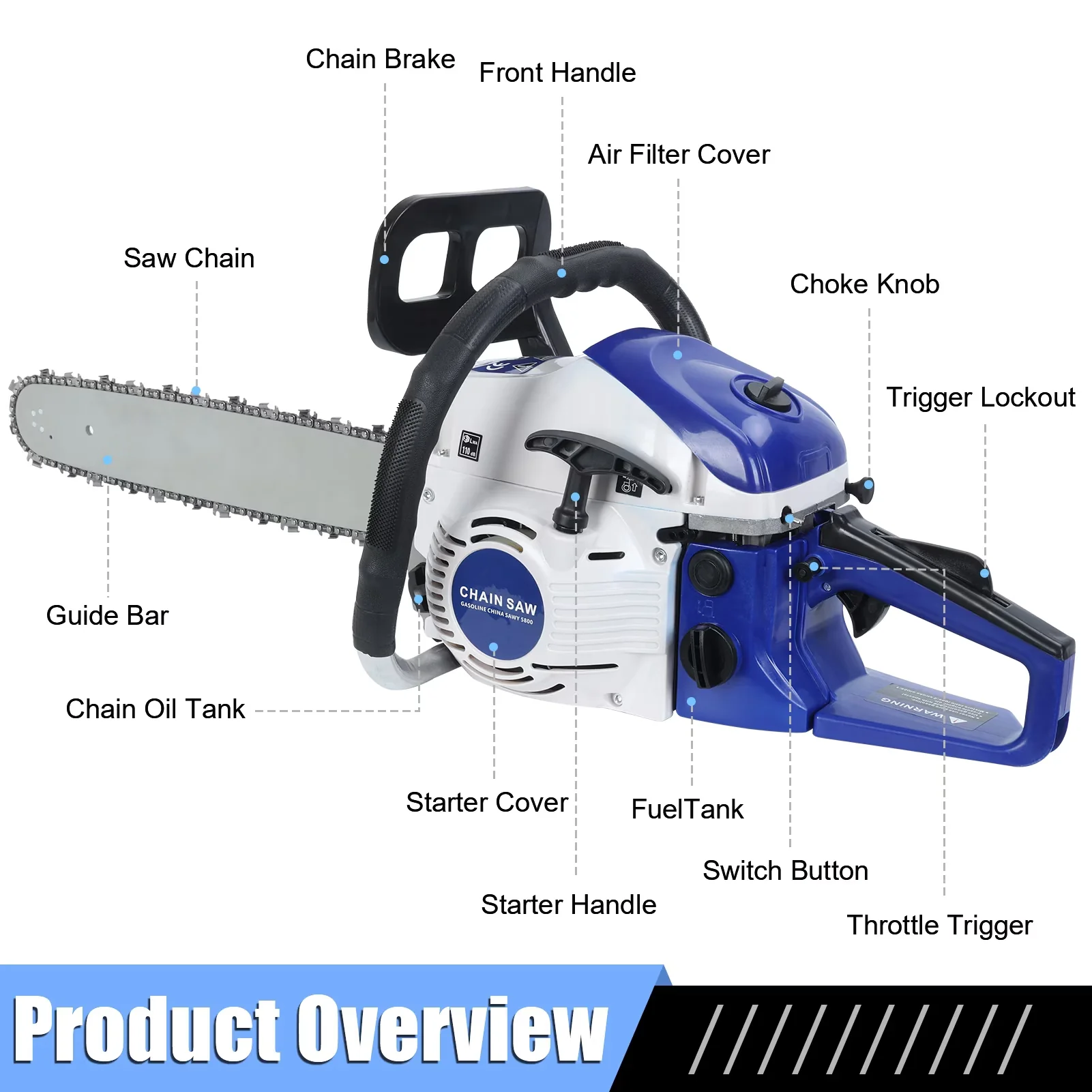 Sleek Chainsaw with Anti-Vibration, Anti-Vibration & QuickStop, 58cc 2-Stroke Gas - Blue Model EFE8C0