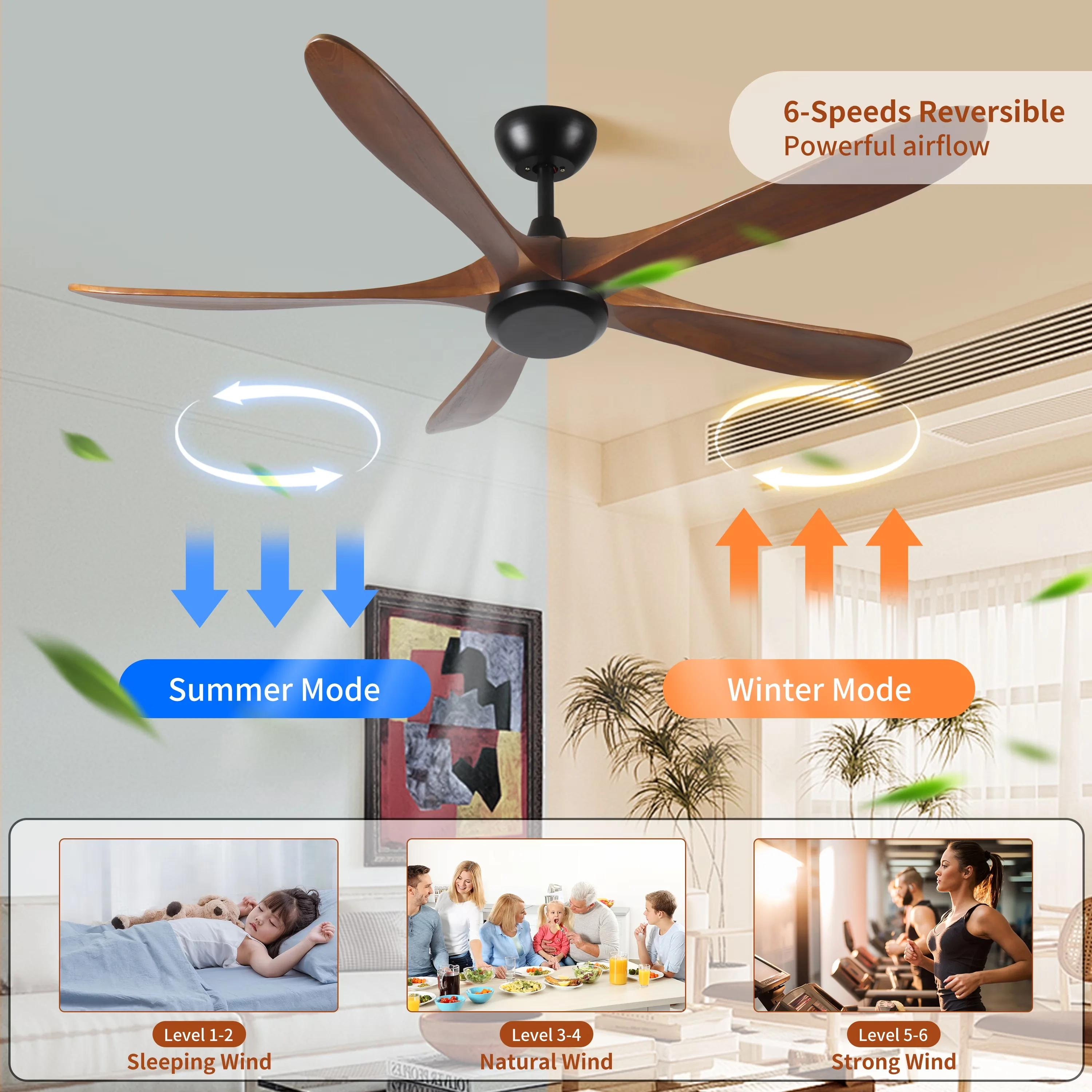 Sleek Ceiling Fan with Remote Controlled, Reverse Airflow, 62" Wood - Black Model A738FC
