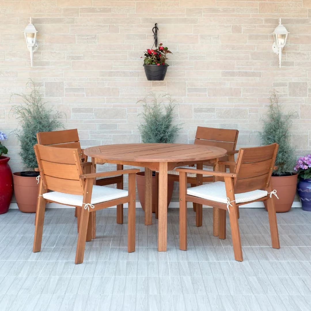 Compact Patio Dining Set with Weatherproof, Nelson Eucalyptus 5 piece Round - Brown Eucalyptus, Wood Model 0FB3EA