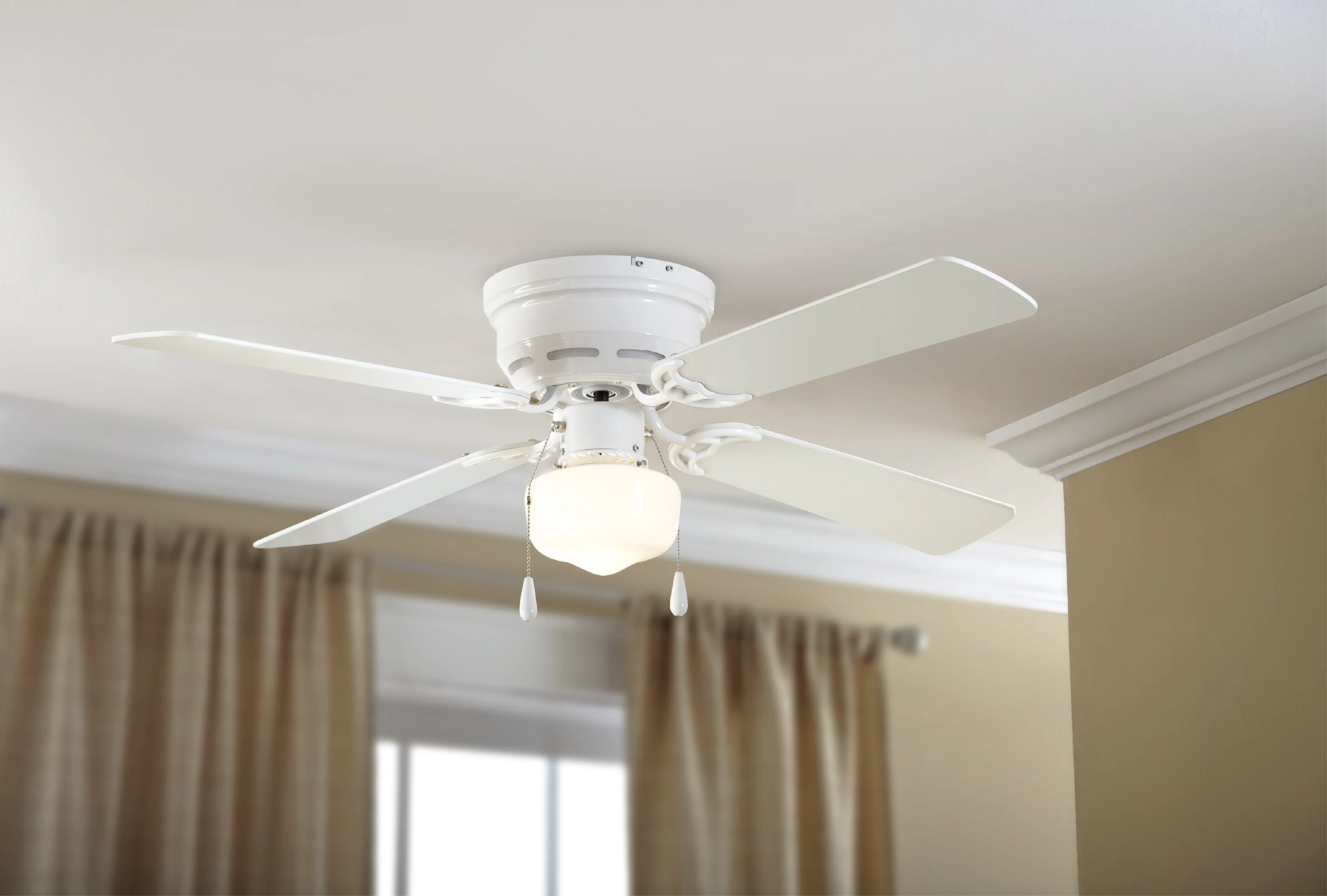 Efficient Ceiling Fan with LED, Reverse Airflow, 42" Hugger Indoor With White Finish - White Glass Shade Model 3609B6