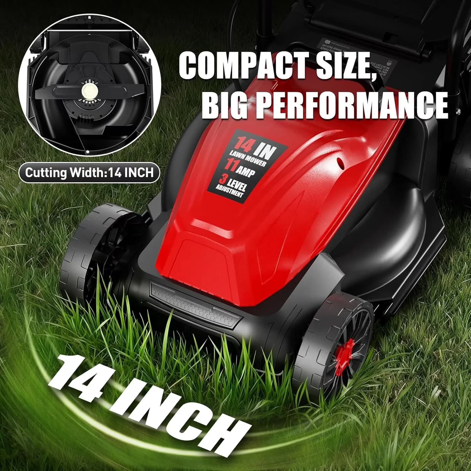 Stylish Push Mower with Adjustable Cutting Height, Button Instant Start, Low Noise & Zero Emissions - Red Model 9C65AF