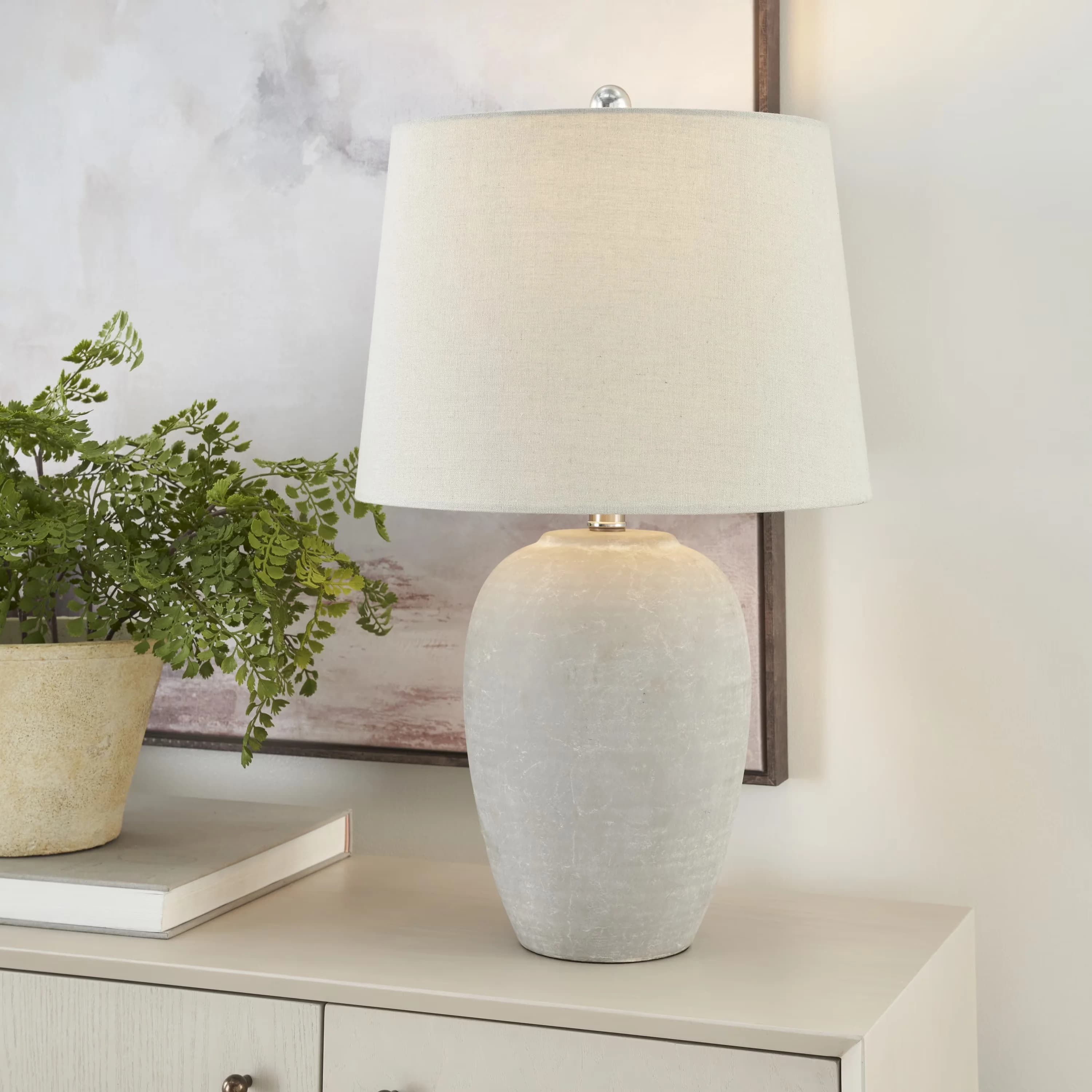 Table Lamp Essential with LED, Standard Lamps, 23" Grey Unglazed Ceramic Rustic Urn - Cement Gray Model D28A9C