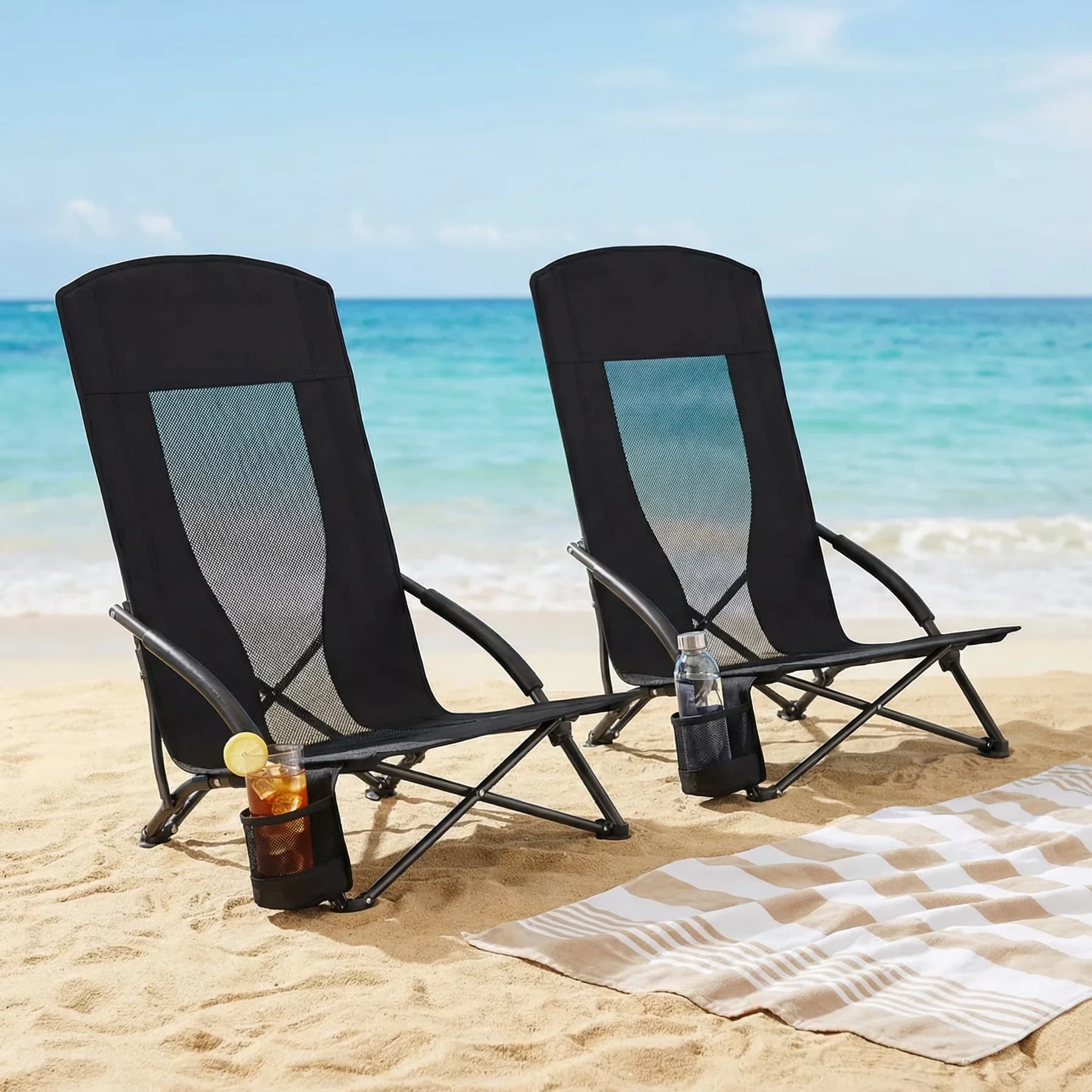 Beach Chair Essential with Folding, Cup Holder, 28.5″ High Back Folding - Black Model EFA7CE