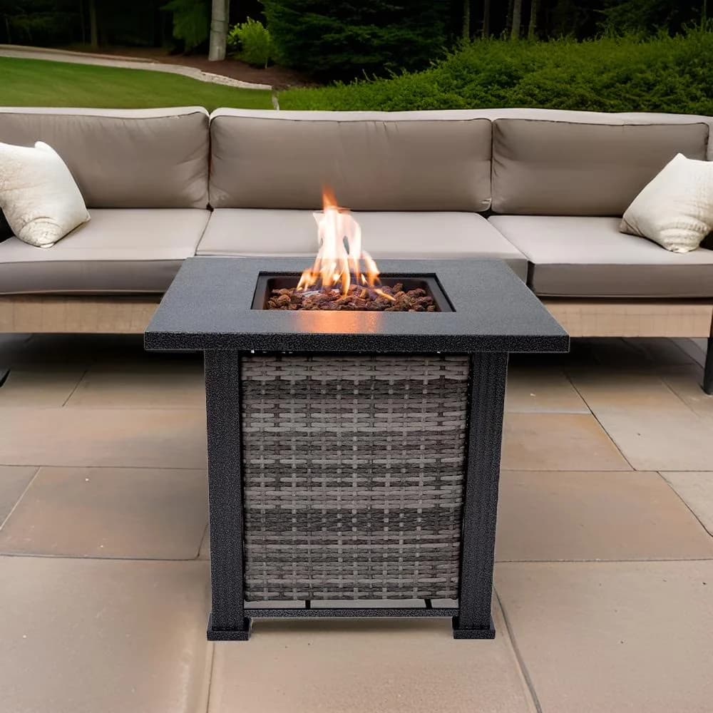 Innovative Outdoor Heating with Weather-Resistant, Lava Rocks & Lid Durable Firepits - Gray Iron, Wicker for Outdoor Model F90674