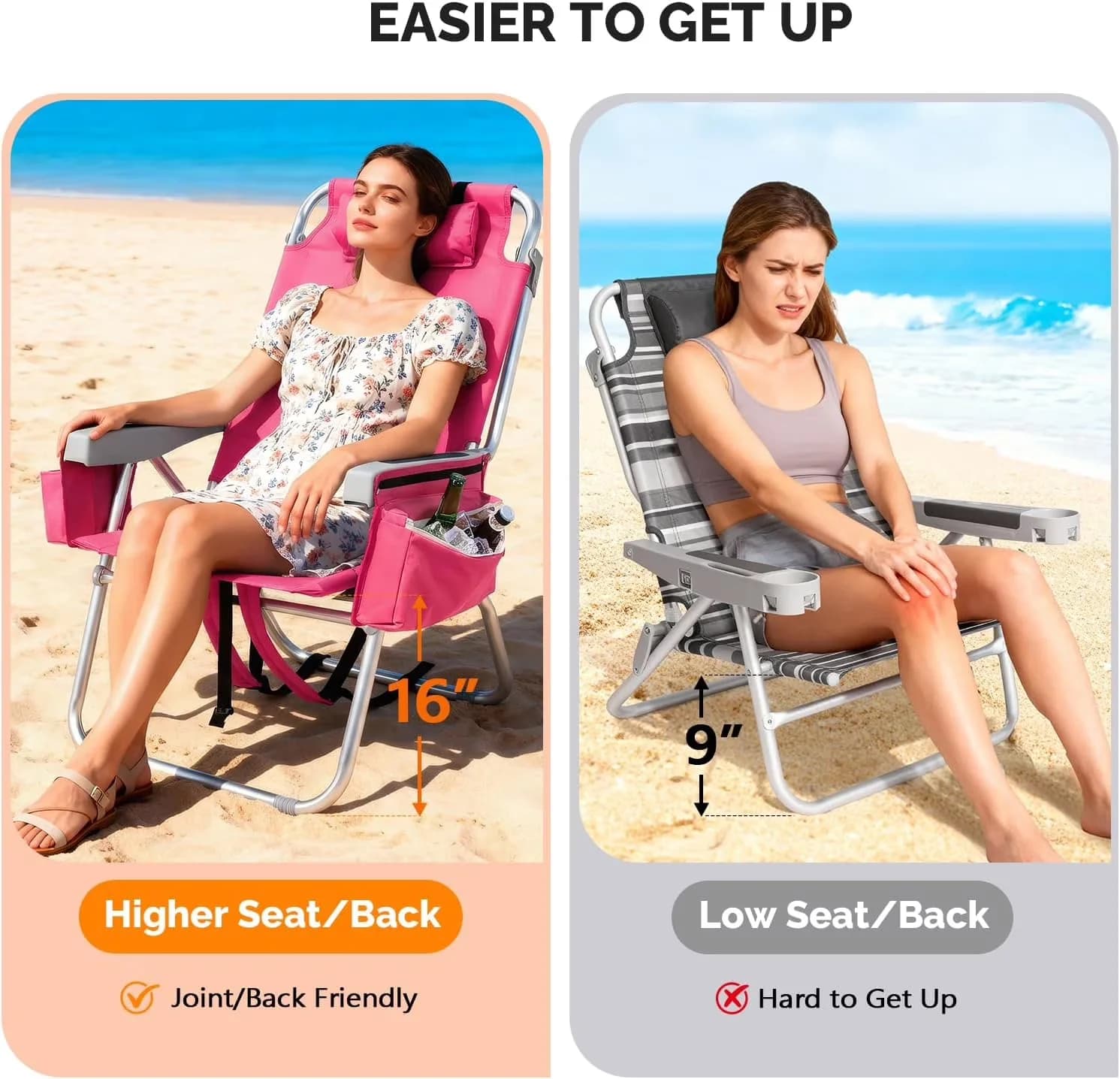 Beach Chair Professional with Adjustable, Cup Holder & Towel Rack, 16" Backpack Chairs Set of 2 - Pink Aluminum, Fabric for Camping,... Model 7CEAEE