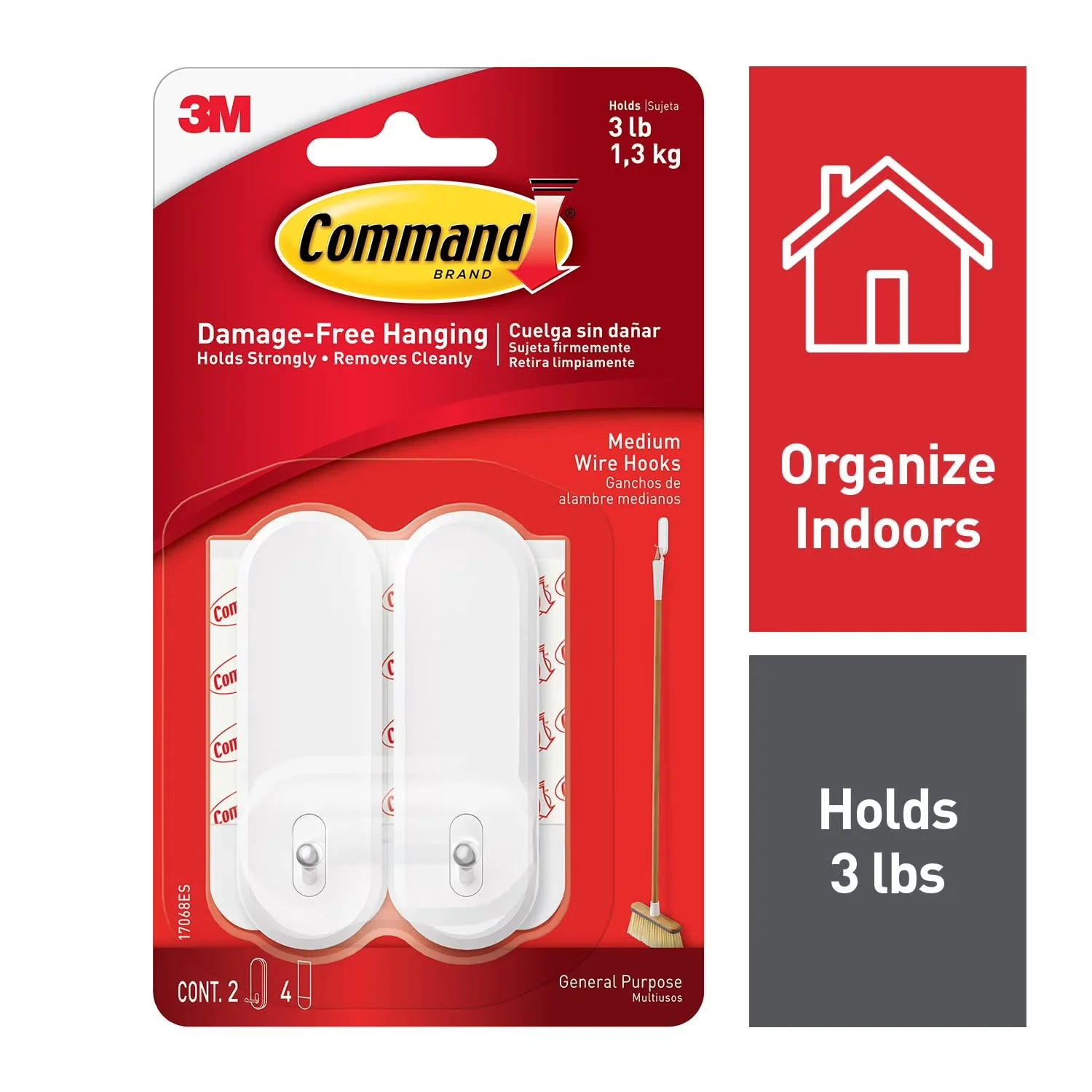 Quality Damage-Free Hanging with Easy Installation, 2 Hooks, 4 Strips Per Pack - White Metal Model A82A55