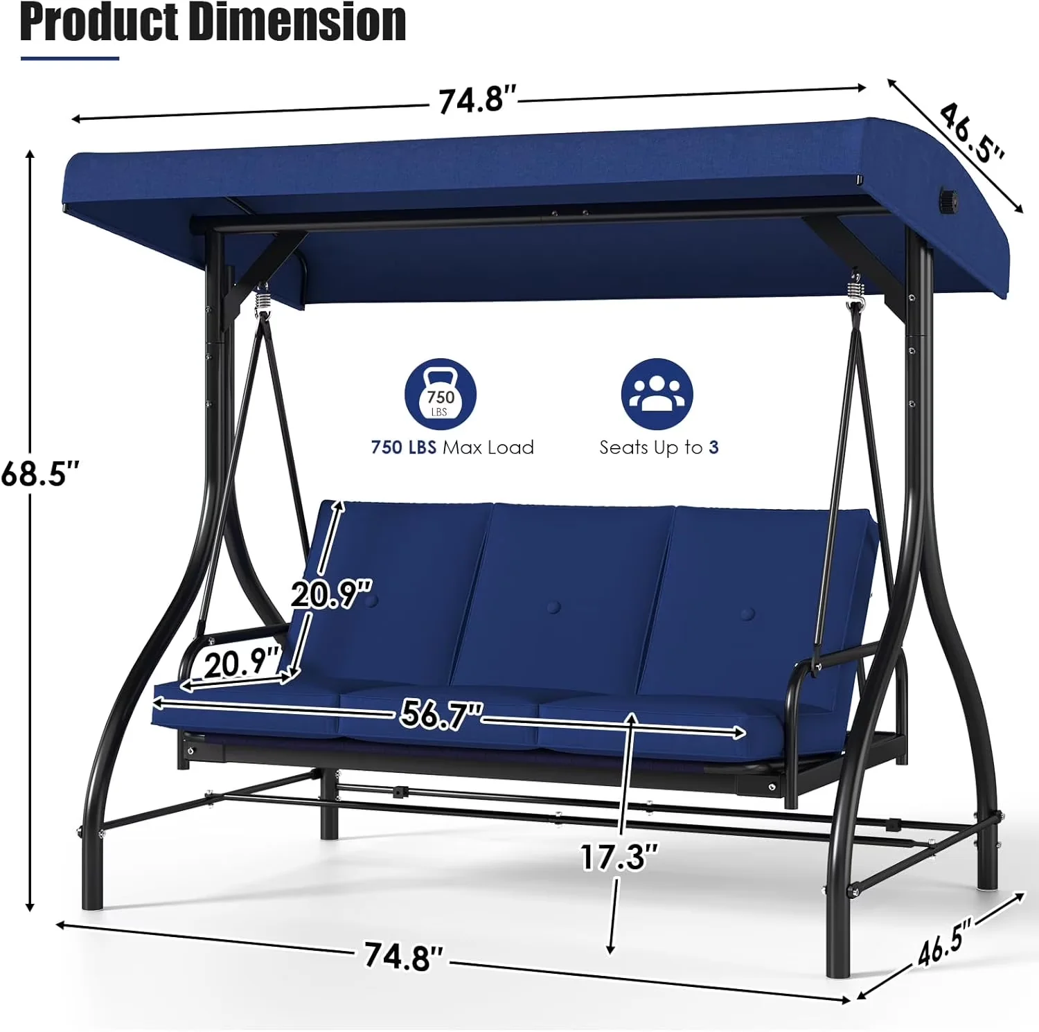 Stylish Patio Chair with Reclining, Removable Cushions, Adjustable Canopy Tilt - Iron, Polyester Cloth Blue Model F2EC97