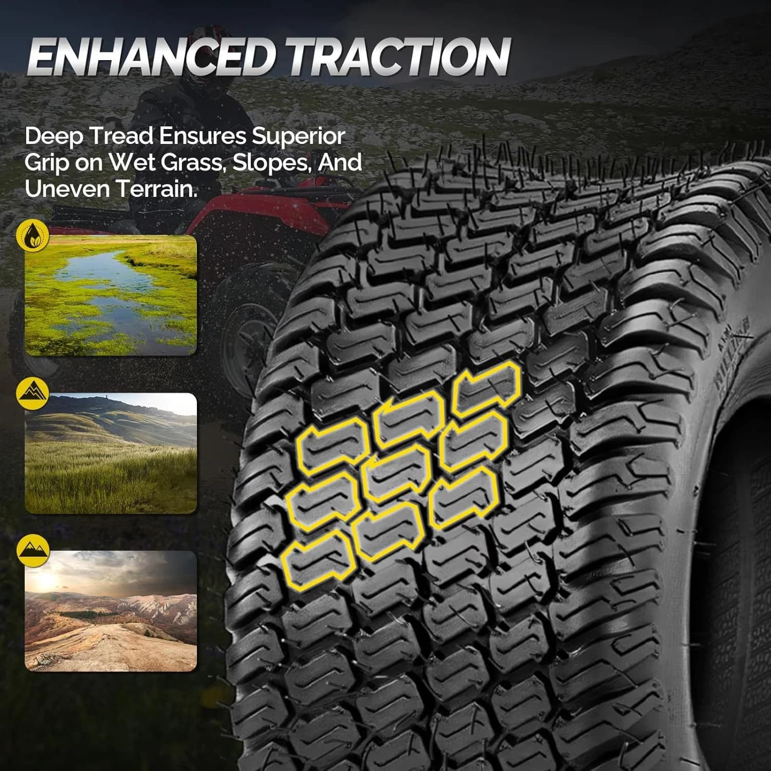 Lawn Mower Tire Versatile with Multi Surface, Set of 2 Tubeles Turf, 18x9.50-8 Tires for Garden - Model EF5FB0