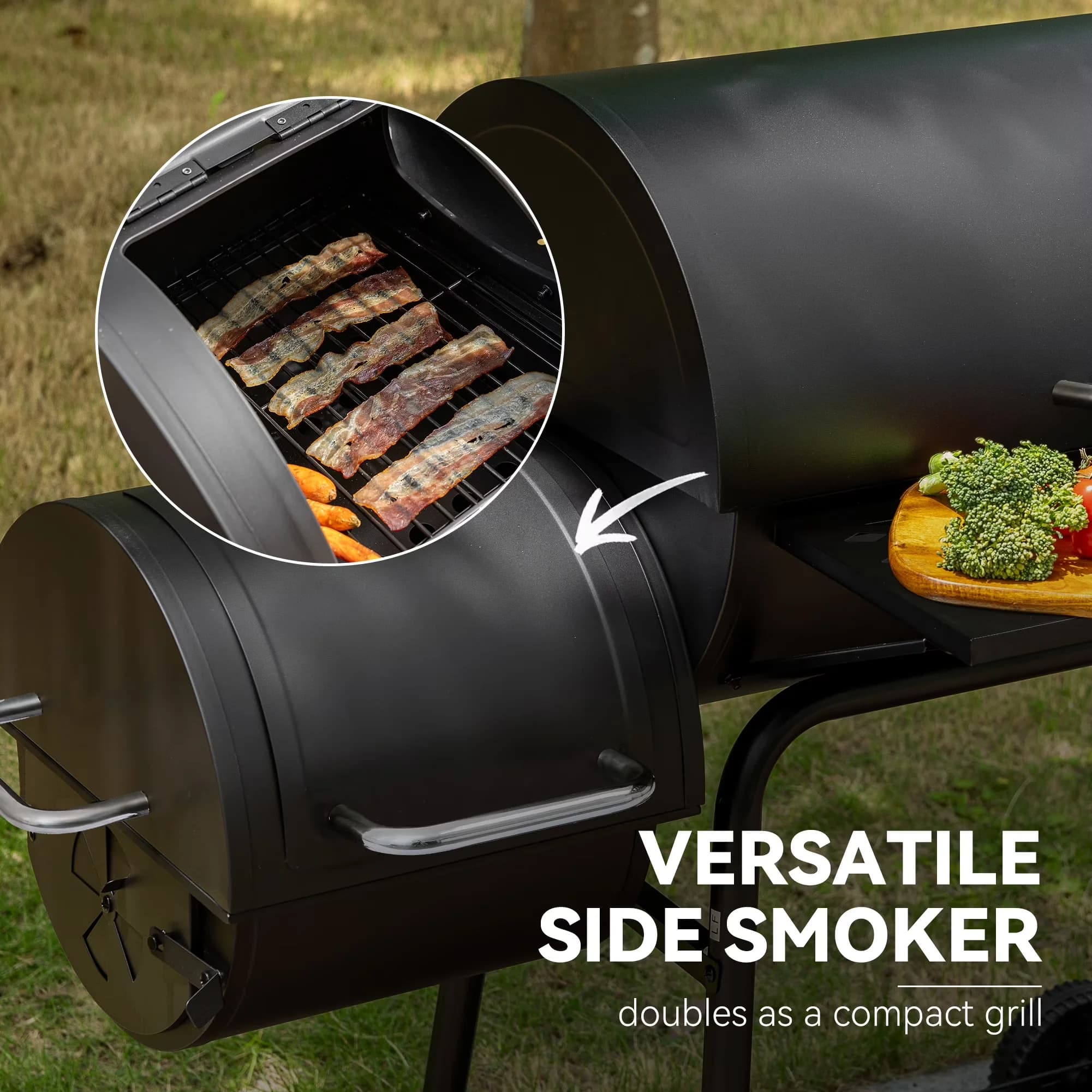 Charcoal Grill Classic with Offset Smoker, 30" Barrel - Black Porcelain Enamel, Chrome Model 8F2C50