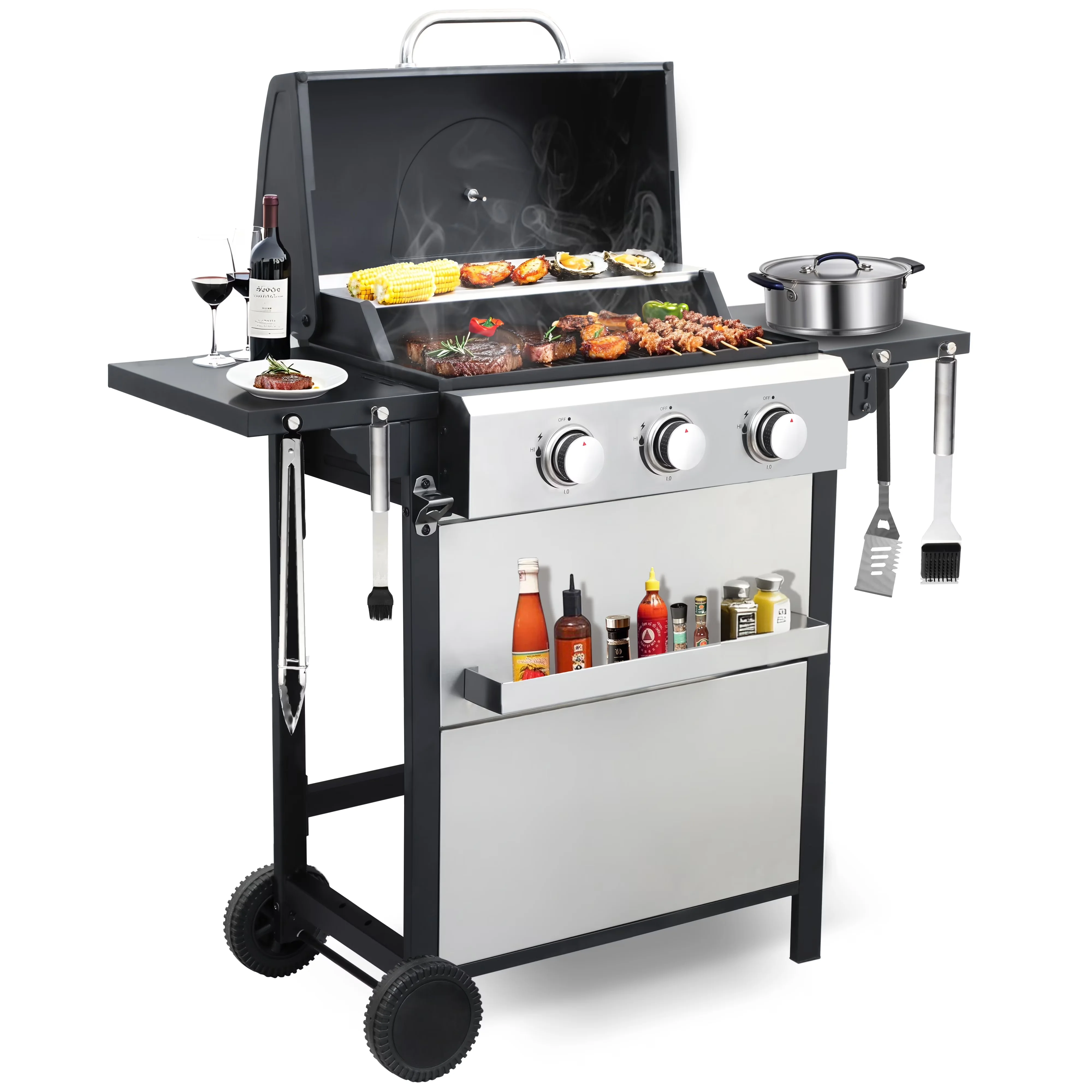 Gas Grill Essential with 30000 BTU, Warming Rack - Silver Metal, Stainless Steel Model F72718