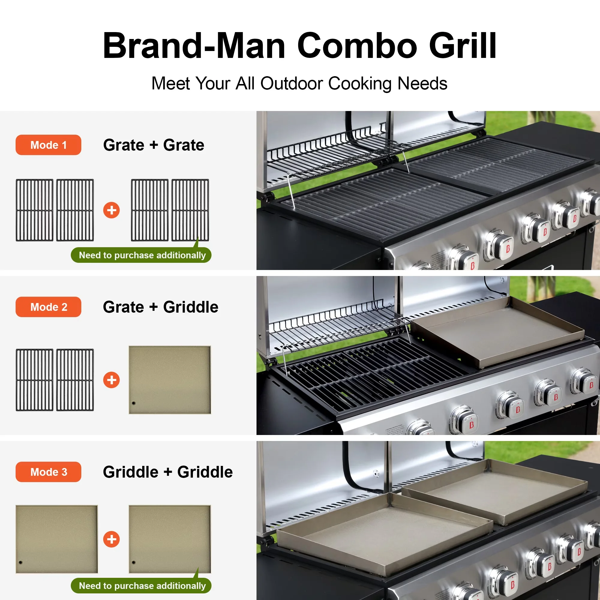 Combo Grill Innovative with Grease Pan, Rust Resistant, Warming Rack - Stainless Steel, Cast Iron for Outdoor Model 4243C8