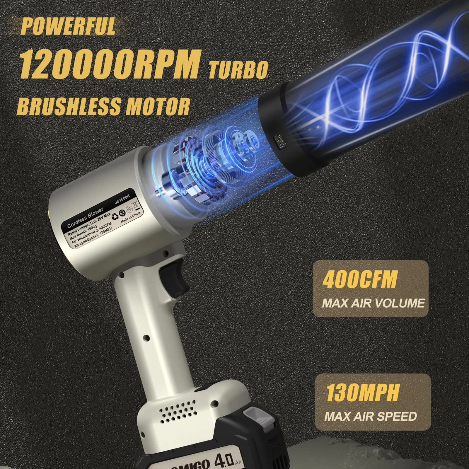 Durable Leaf Blower with Battery, 20V, 20V Cordless Turbo Dryer for Patio - Model 13FCC0