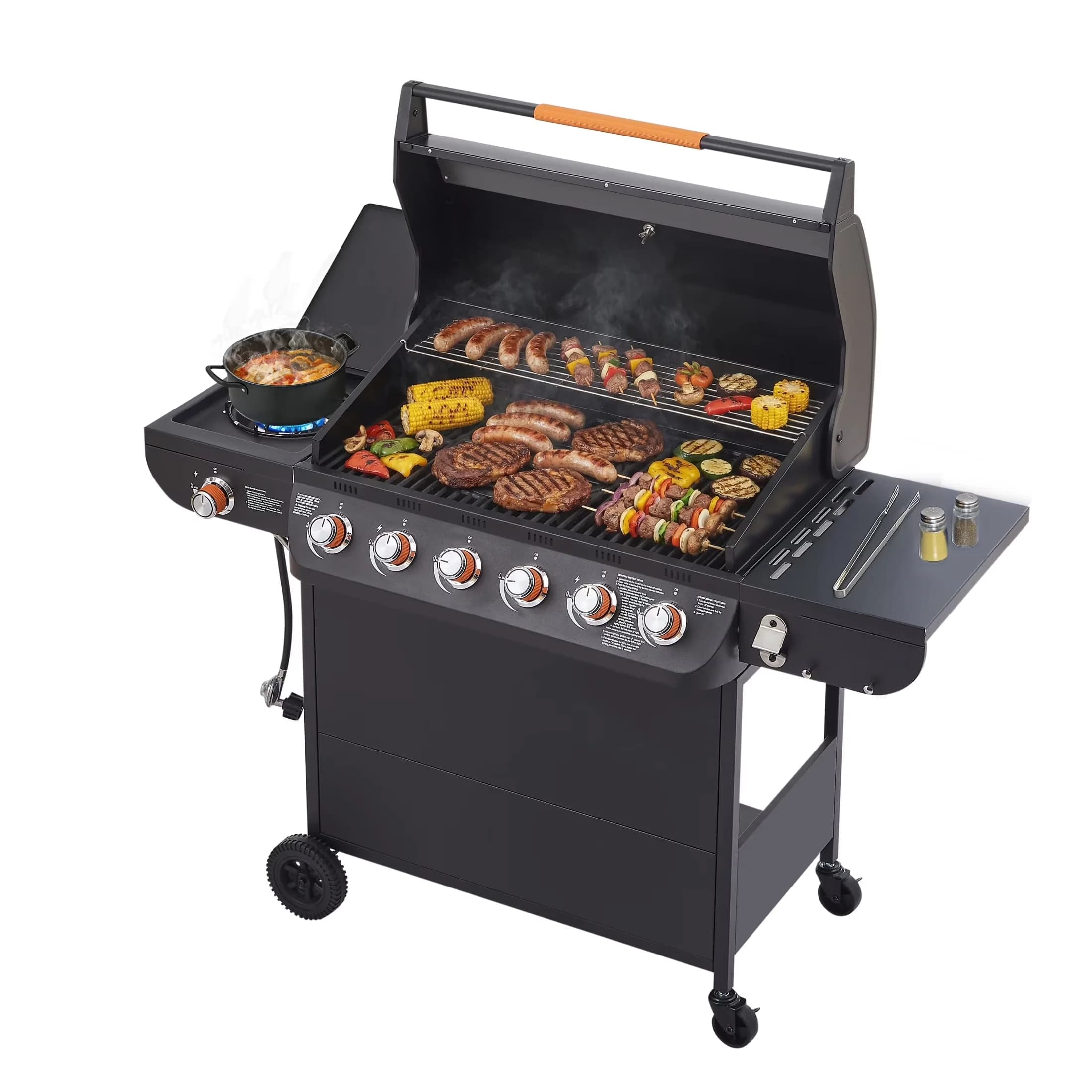 Classic Gas Grill with Enclosed Cabinet, Steel BBQ, Side Burner - Steel Black Model A19589