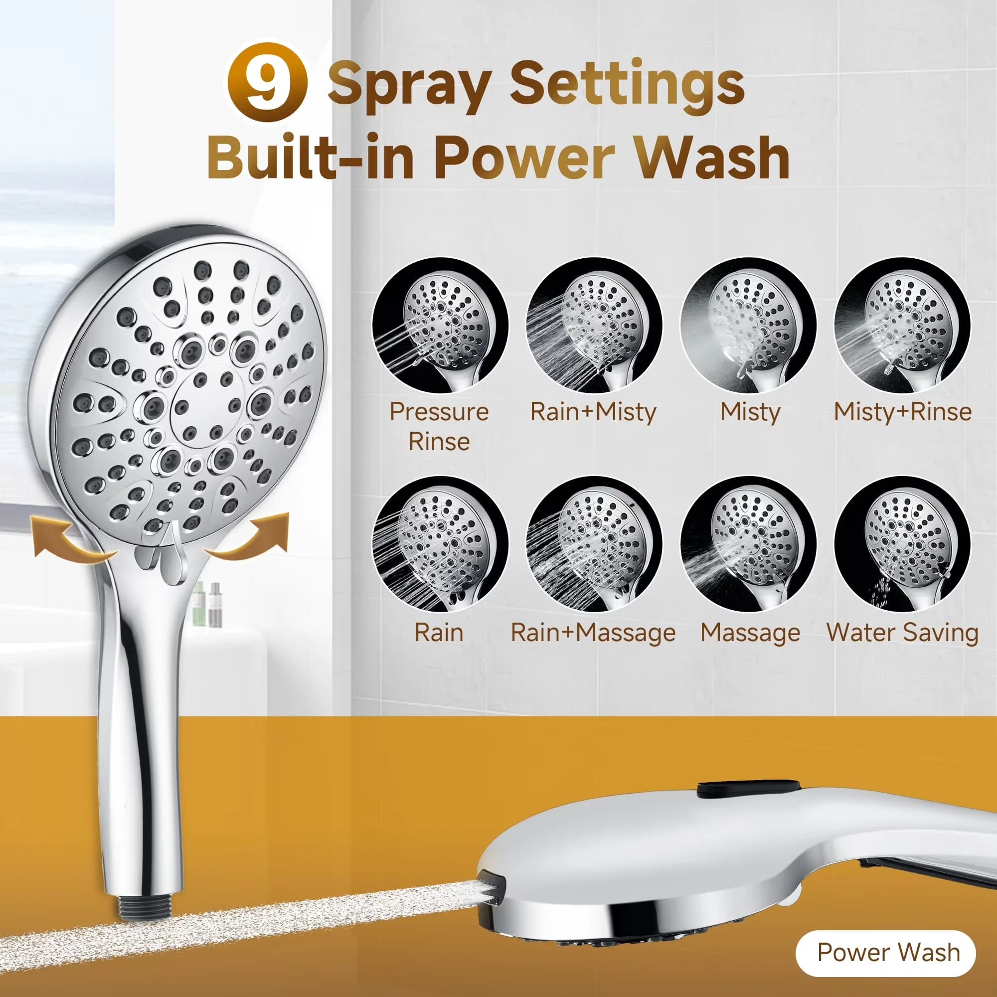 Shower Head Sleek with Adjustable, Waterfall, Adjustable Stream - Brass, Stainless Steel, Engineering Plastic Silver Model 8D490C