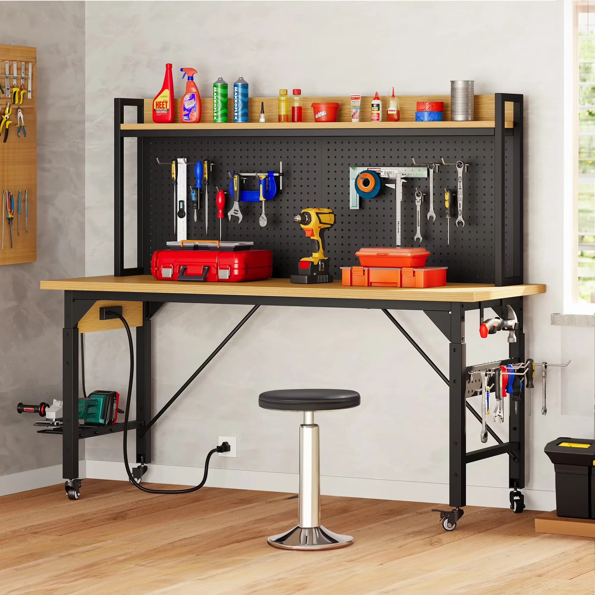 Toolstorage Sleek with Adjustable, Heavy-Duty, Multifunctional Workbench - Wood Brown for Garage Model BA8A83