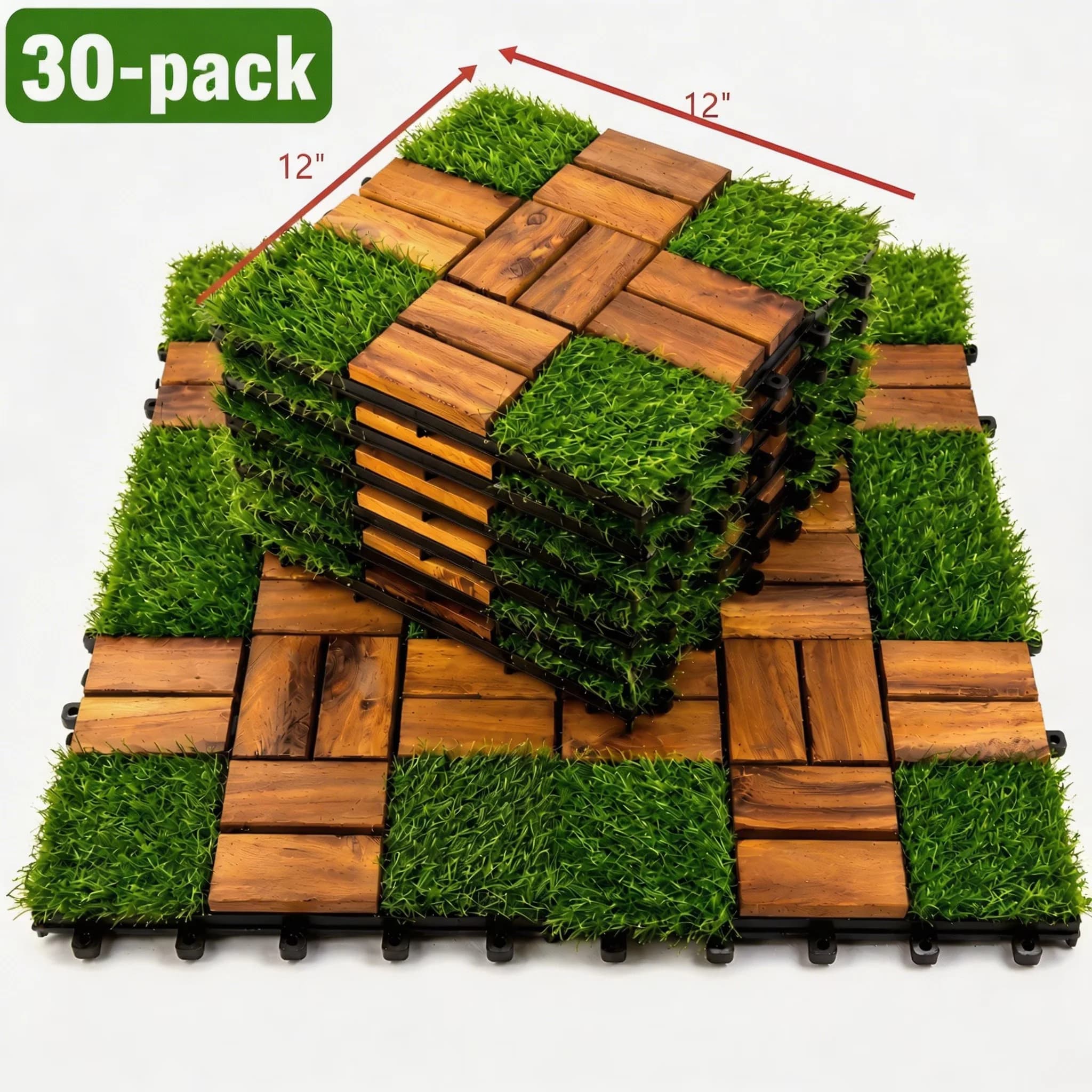 Durable Building Material - Brown Acacia Wood Surface + Polypropylene (Pp) Base + Artificial Grass Model 52069C
