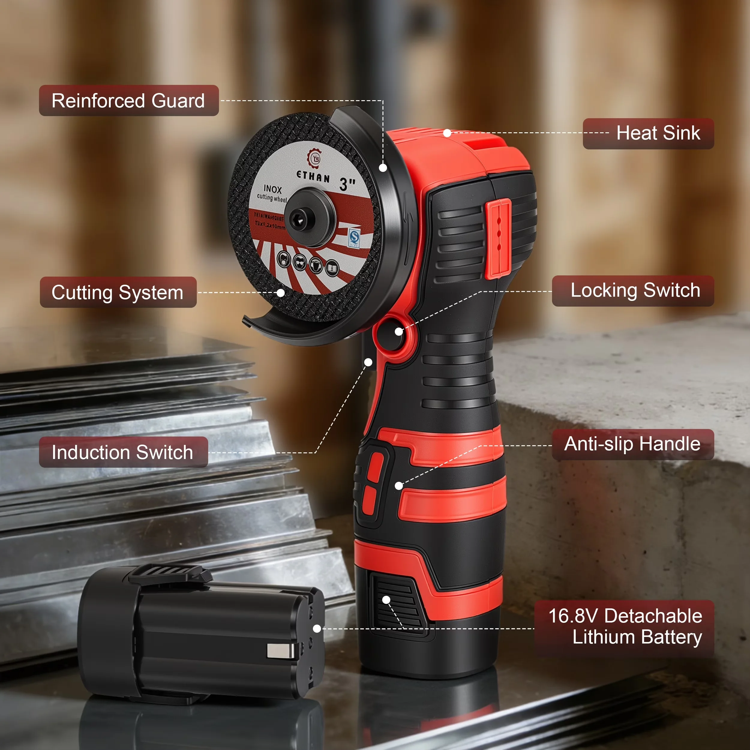 Sleek Woodworking with Battery, ▶ KEY FEATURES:, 9 Pcs Cutting Discs for Home - Model EB87EE