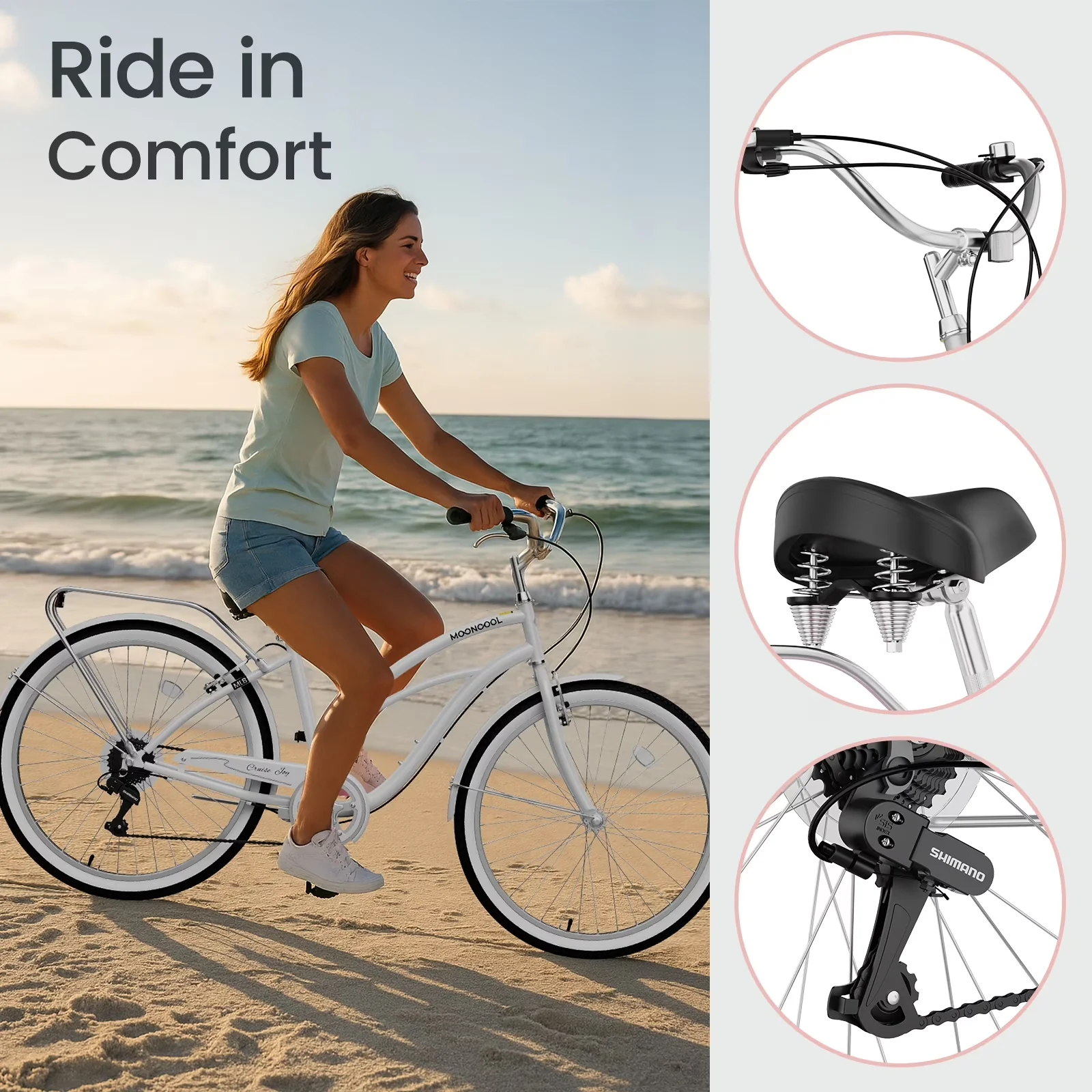 Cruiser Bike Compact with Lightweight, Front & Rear Fenders, 24/26 Inch Beach - White Model 13D0F0