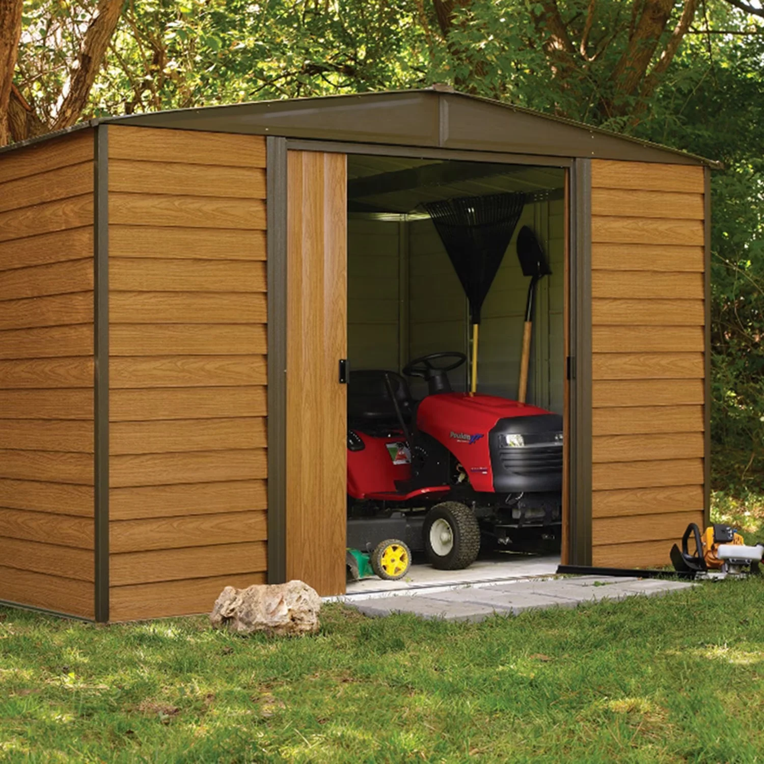 Premium Shed with Water-Resistant, Easy entry and exit with sliding doors - Steel Brown Model 5C8FCA