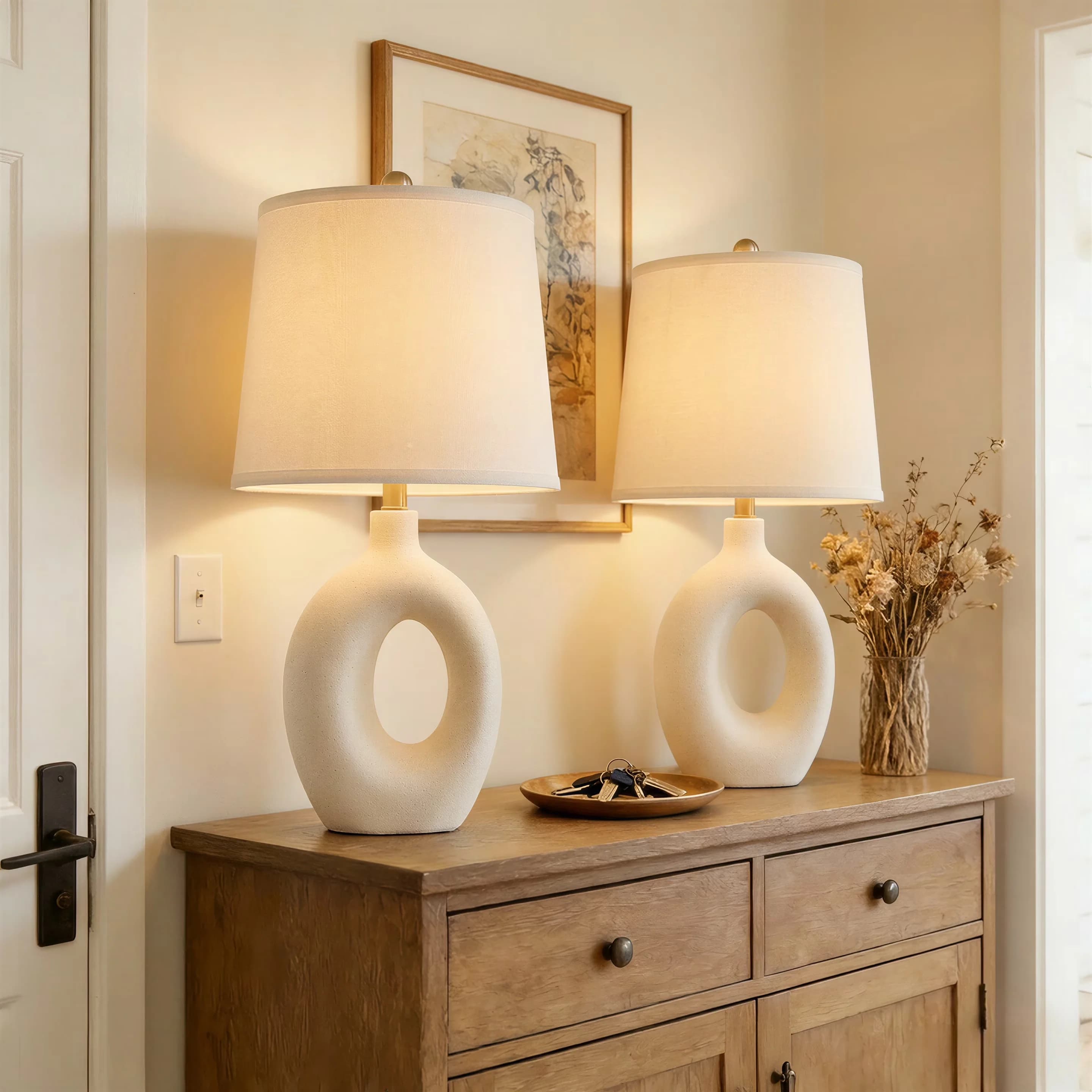 Quality Lamp Set with Traditional, Ceramic Table Lamps of 2 - White Ceramic for Living Room, Bedroom Model BE222B
