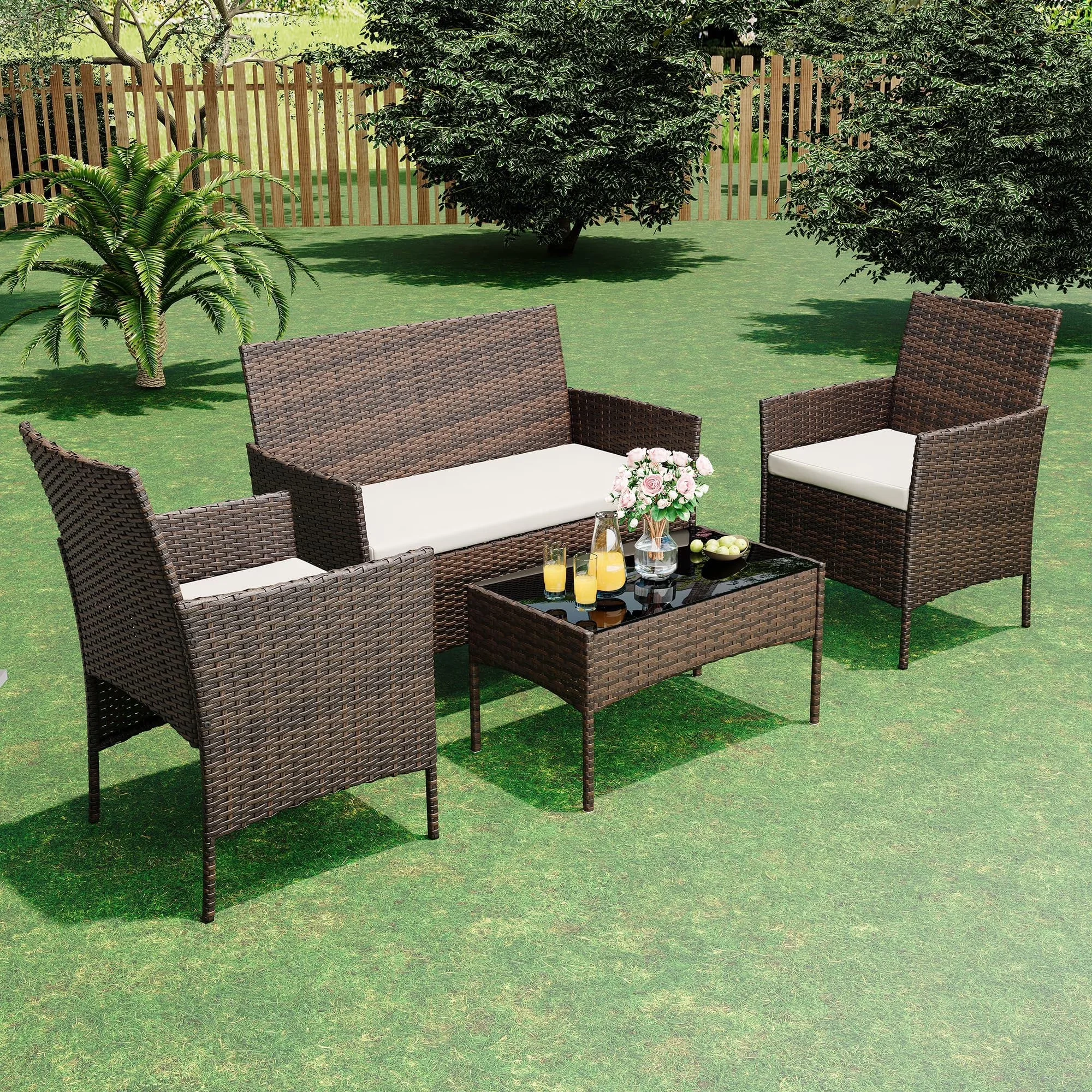 Patio Conversation Set Versatile with All-Weather PE Rattan Furniture, Modern 4-Piece Outdoor Bar, Tempered Glass Coffee Table - Blue Model F5695D