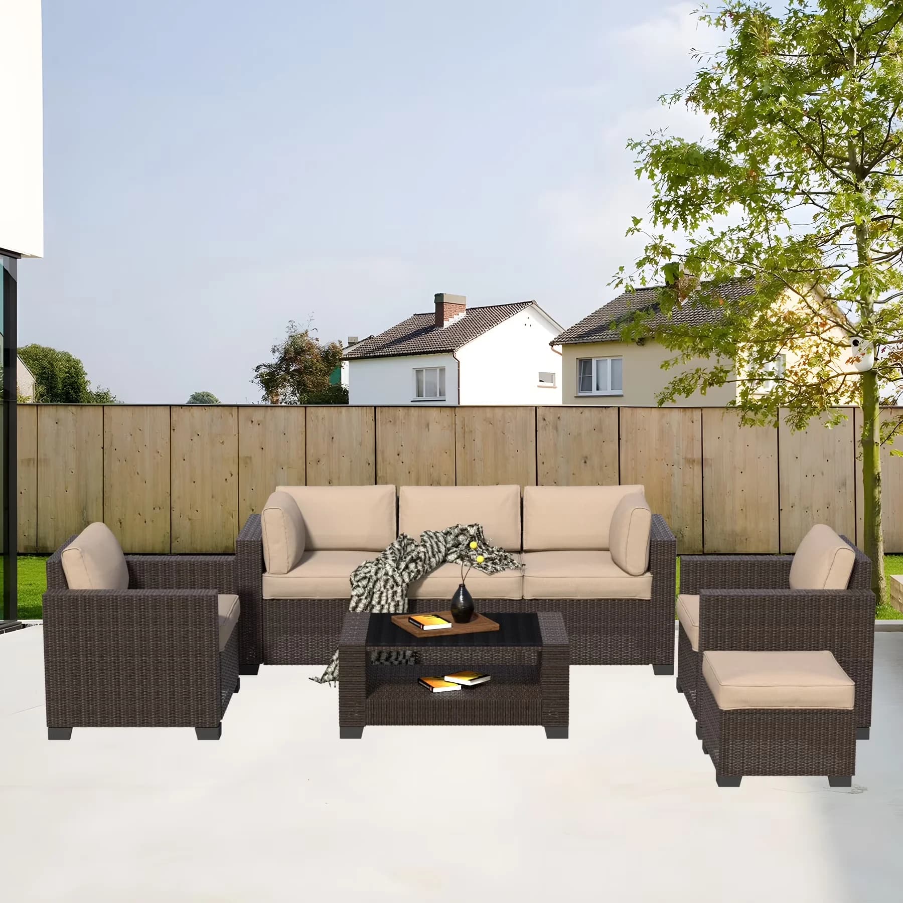 Modern Patio Conversation Set with Weatherproof, Perfect - Beige &Brown Rattan, Polyester, High-Density Foam, Iron for Garden Model 04AAD9