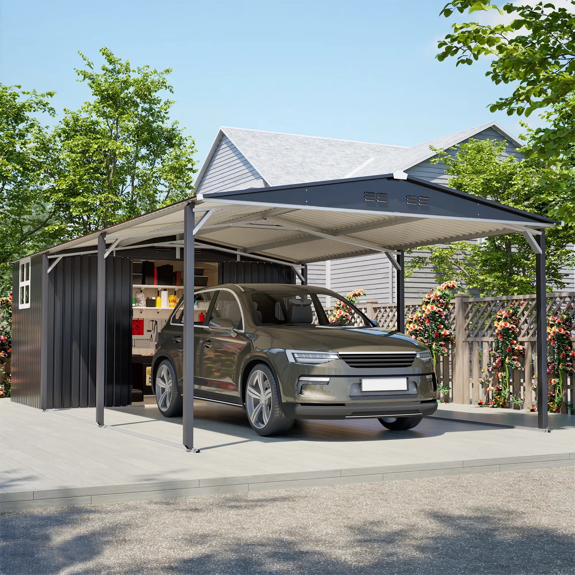 Modern Shed with Heavy Duty Steel Garage, Grey, Sliding Door - 12*23 Ft Carport Metal Model 003B5E