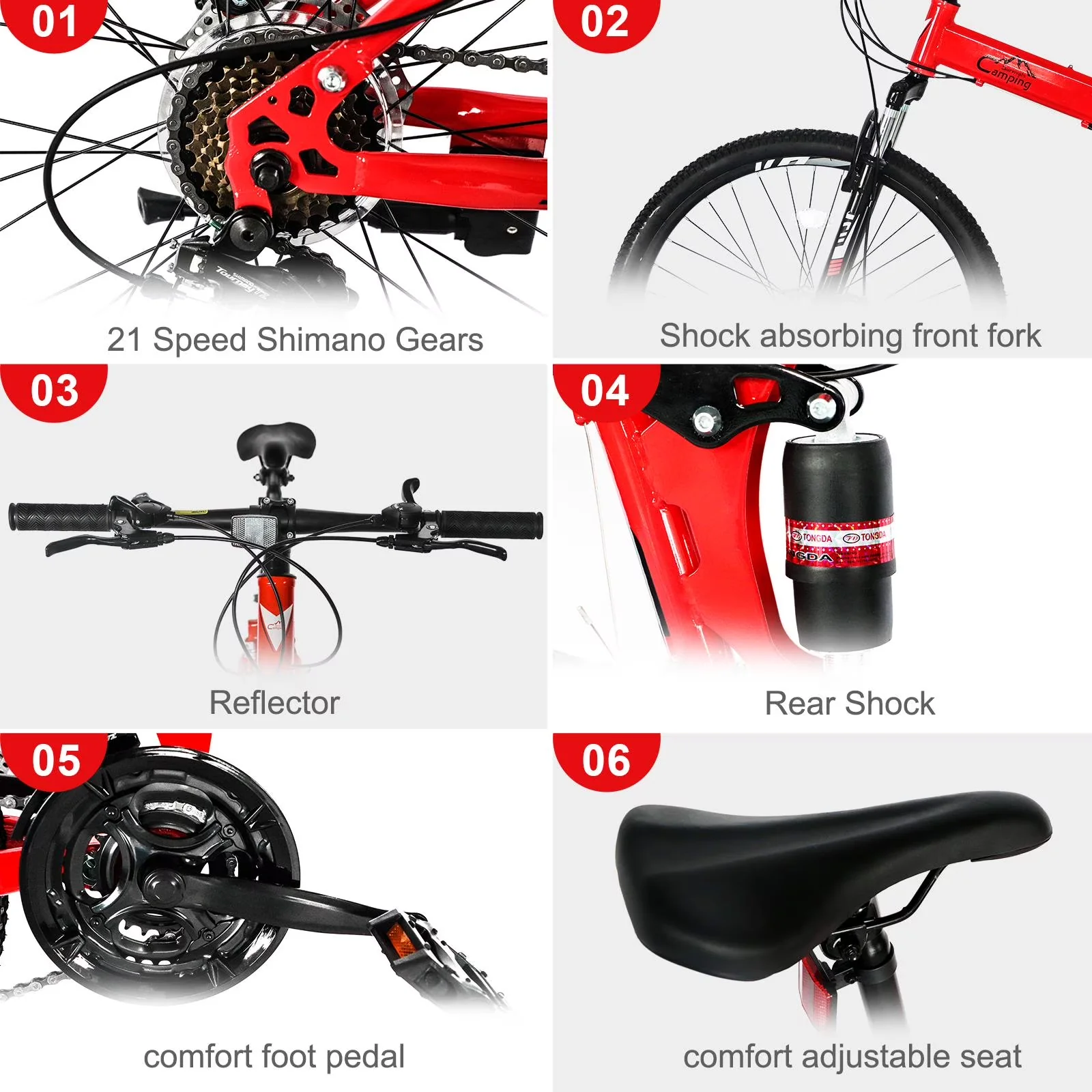 Compact Mountain Bike with Foldable, Steel Frame Trail Road Bicycle, Riding bag, can put small items - Red Model 6D0C2E