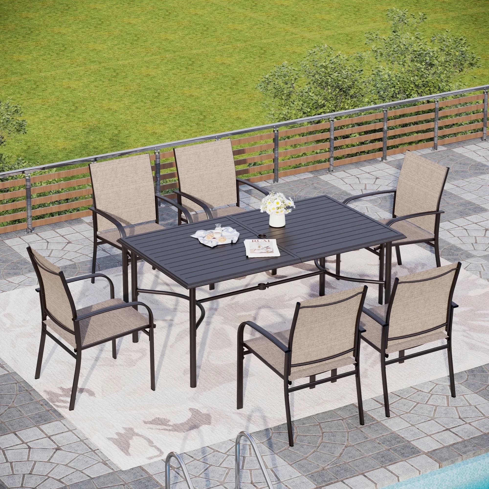 Modern Patio Dining Set with Contemporary, Weatherproof, 7-Piece Outdoor Standard Table - Brown Steel Metal And Textilene Model 6D5A49