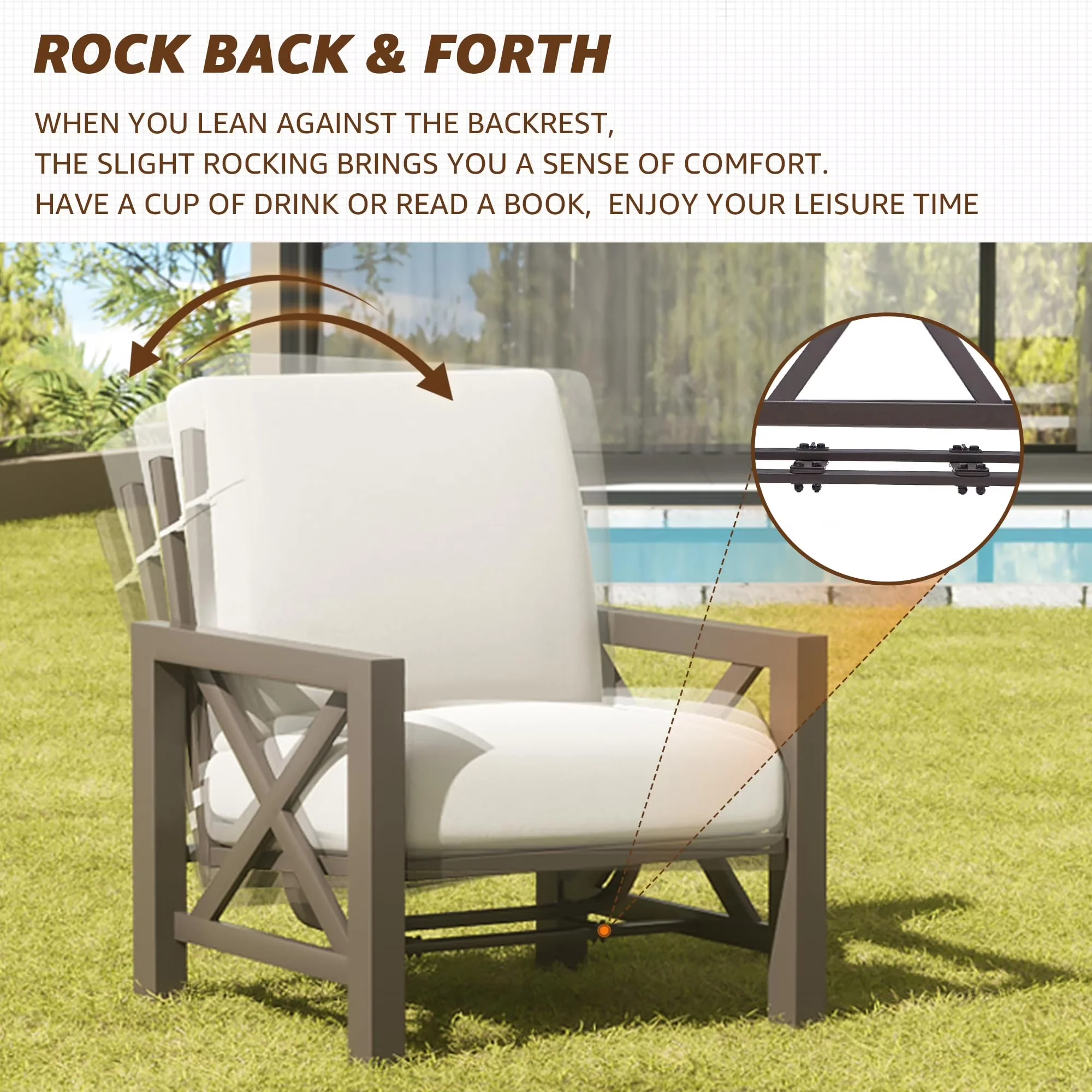 Efficient Patio Conversation Set with Weatherproof, 2 Motion Rocking Chairs - Beige Metal Model E721CD