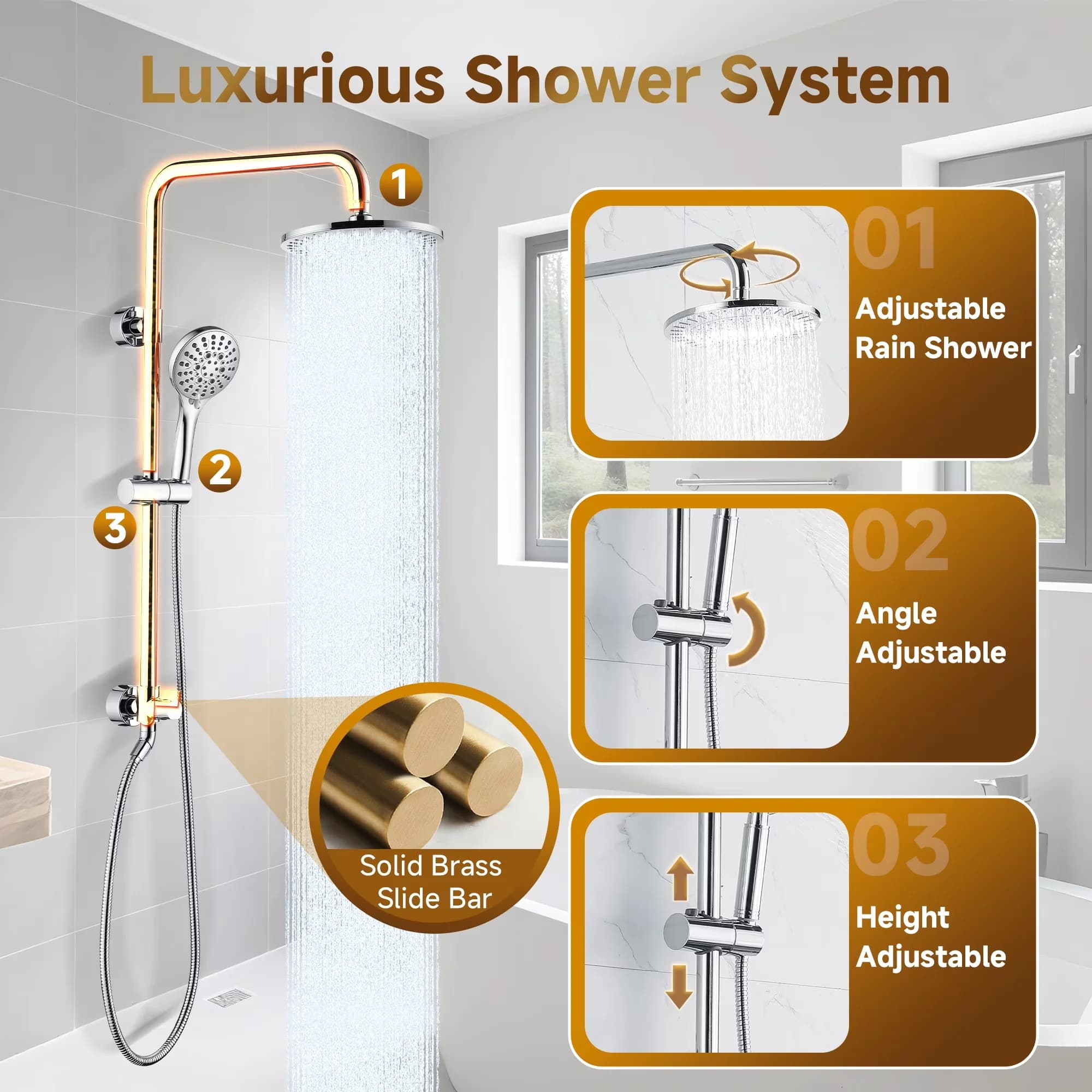 Shower Head Sleek with Adjustable, Waterfall, Adjustable Stream - Brass, Stainless Steel, Engineering Plastic Silver Model 8D490C