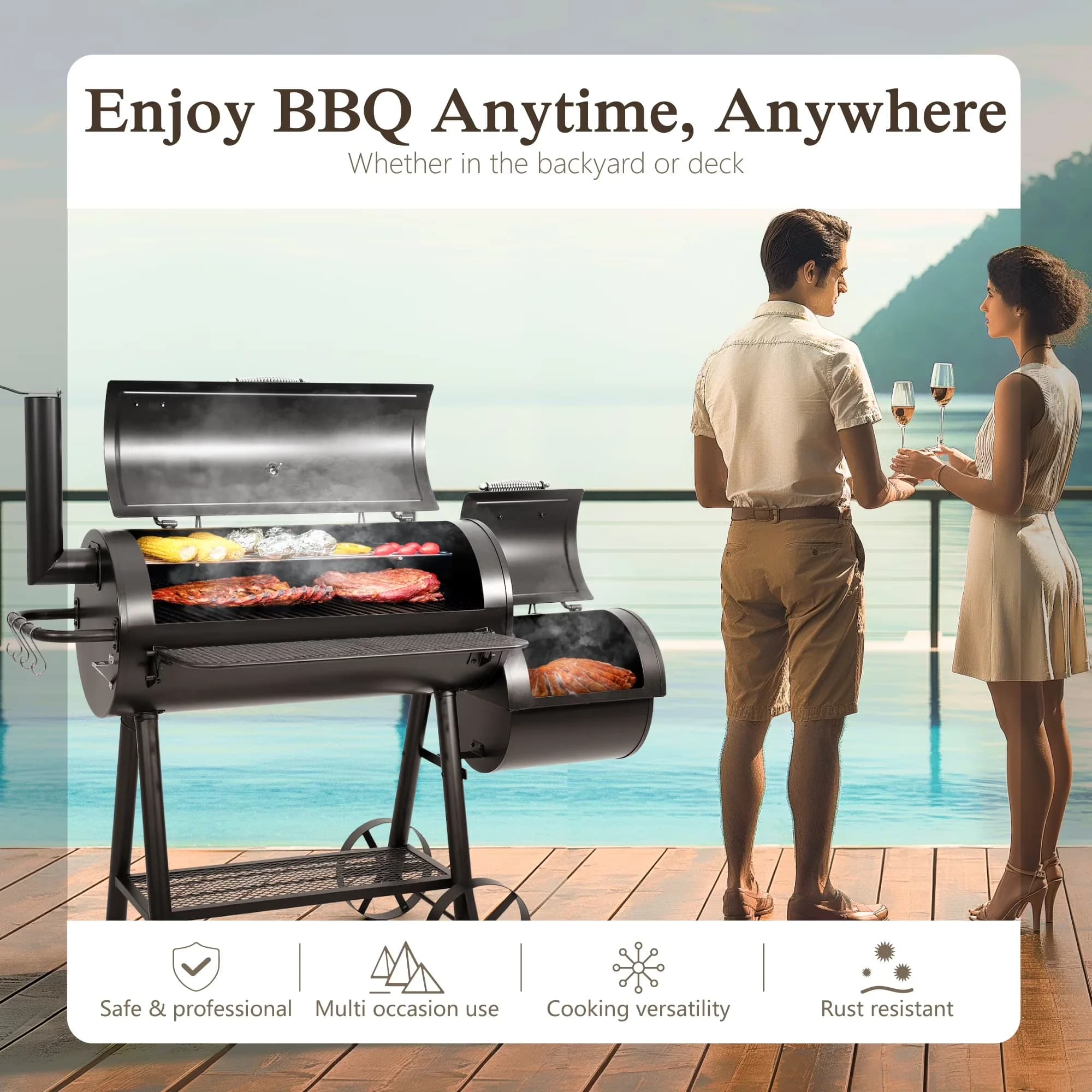 Sleek Charcoal Grill with Thermometer, Heavy Duty BBQ - Steel for Home and Office Model E65747