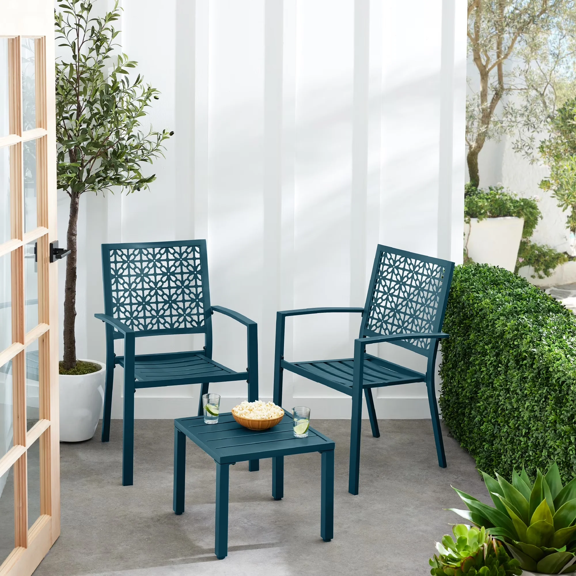Professional Patio Dining Set with Stackable Chairs, Outdoor Chat Furniture w/ 2 Chairs - Stainless Steel Blue Model 806F7B