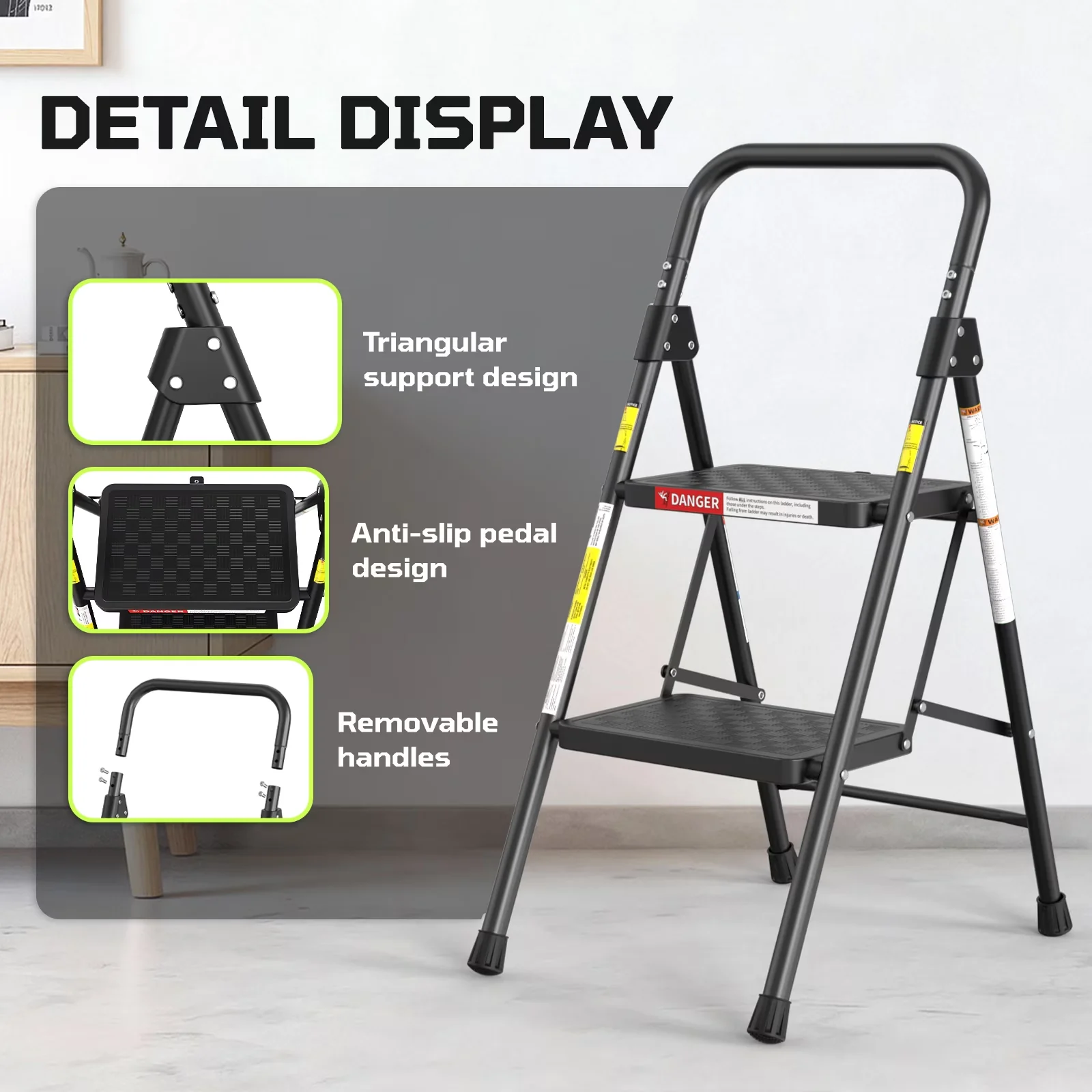 Innovative Ladders And Step Stool with Lock-On Button, Metal Frame, Collapsible - Black Steel Model 74F330
