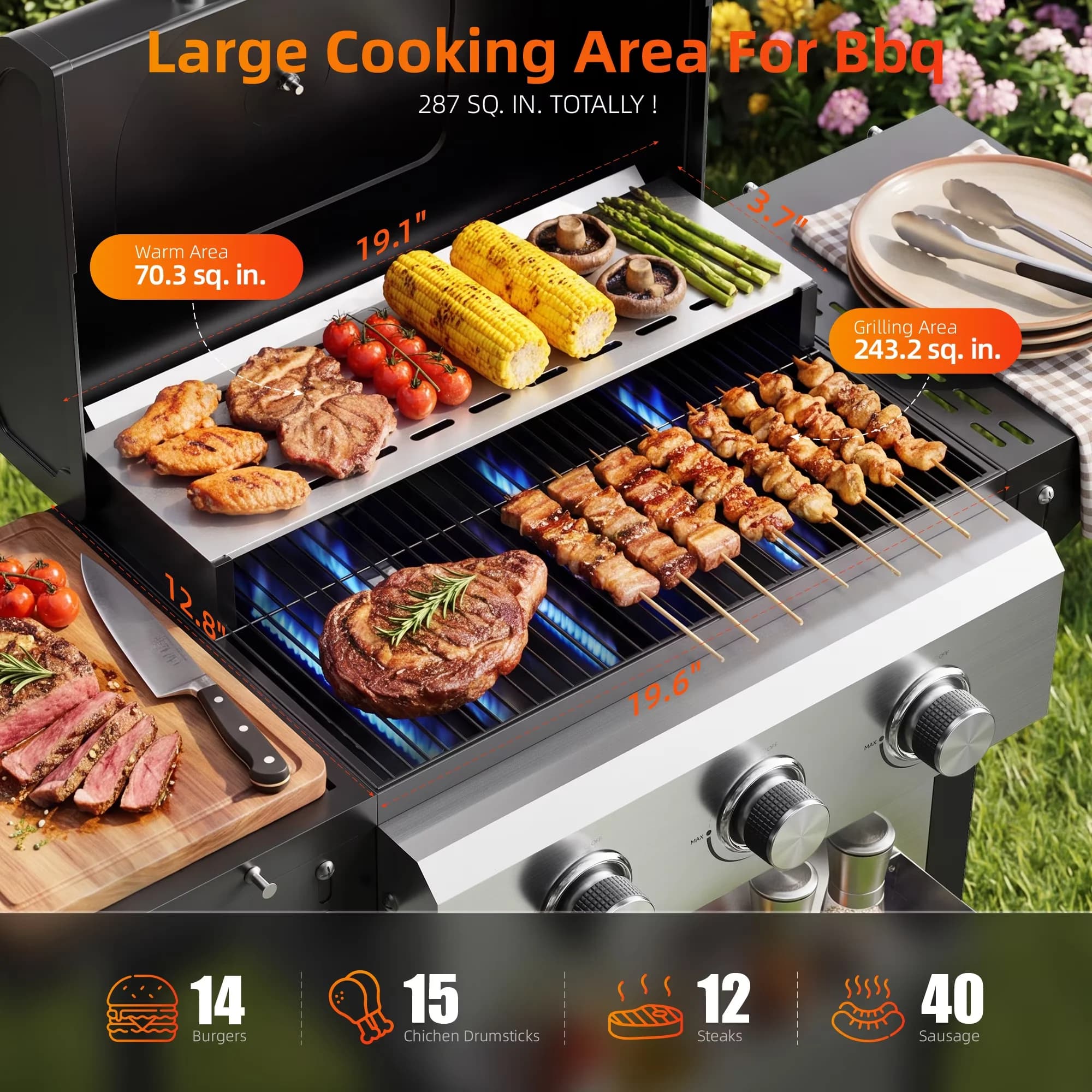 Gas Grill Sleek with 28650 BTU, Heat Thermometer, 3 Burner BBQ Propane - Stainless Steel Model EBA90F