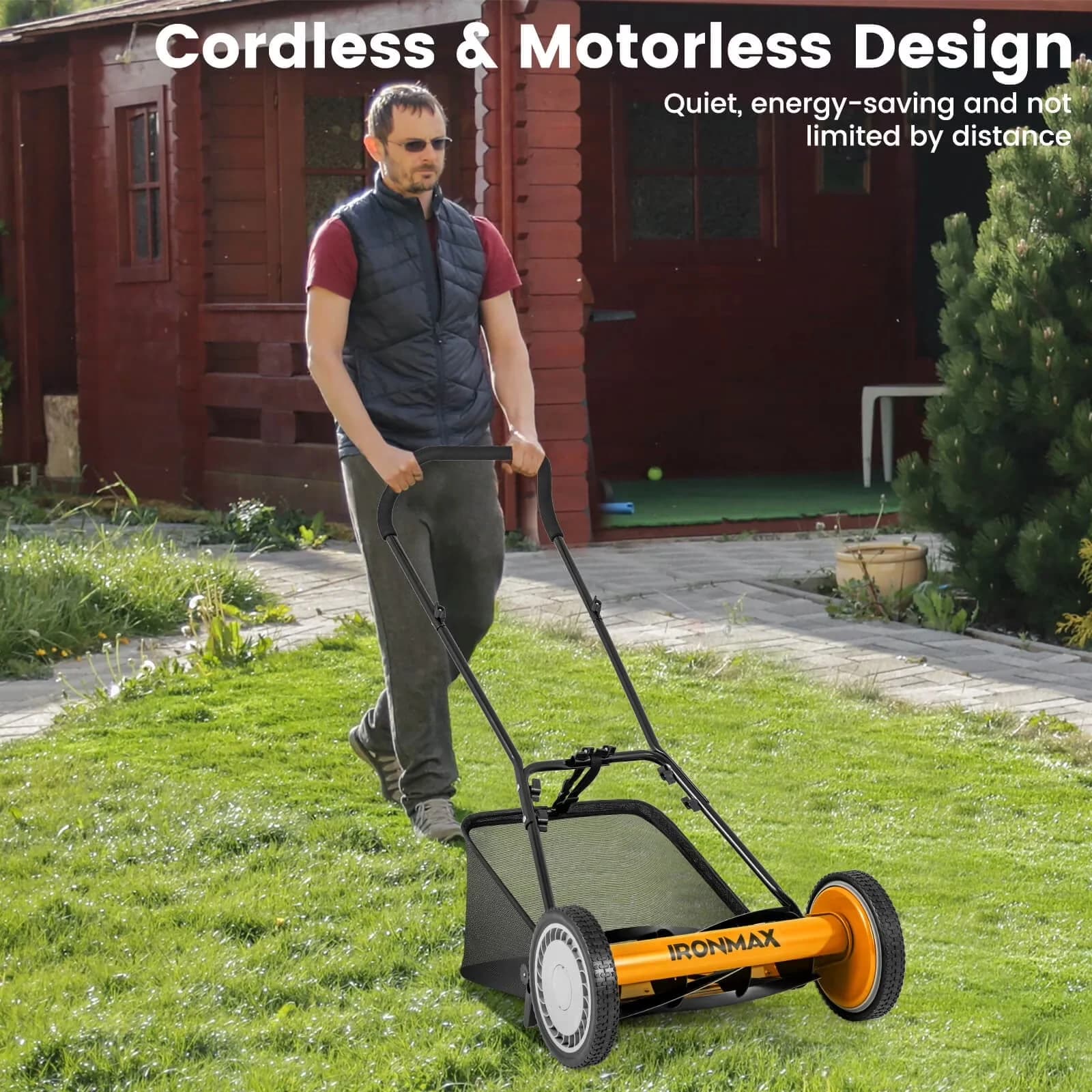 Push Mower Innovative with Adjustable, Ironmax 16” Lawn, Cordless Manual Reel - Orange Model 5A6327