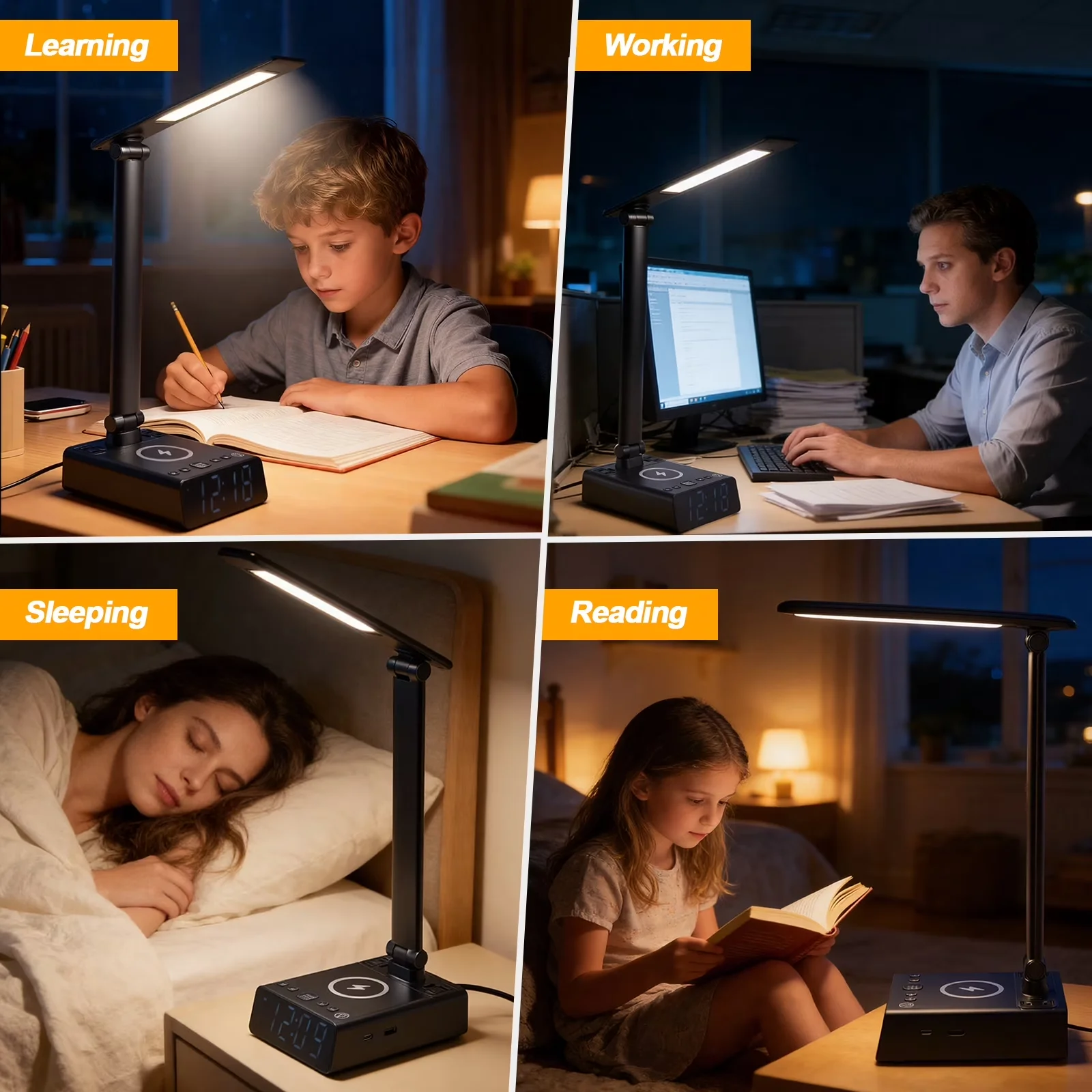 Stylish Desk Lamp with LED, Wireless Charging - Black for General Purpose Model 23C1AD
