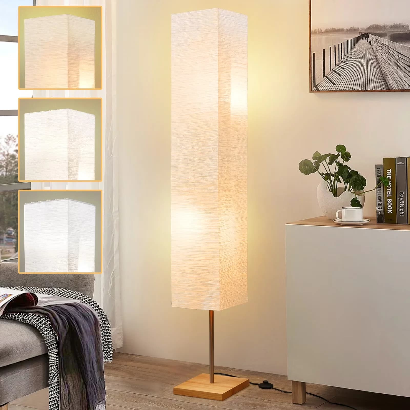 Essential Floor Lamp with LED, Dimmable, Bulb Shape Size: A19 - White Wood for Living Room, Bedroom Model 5C5B22