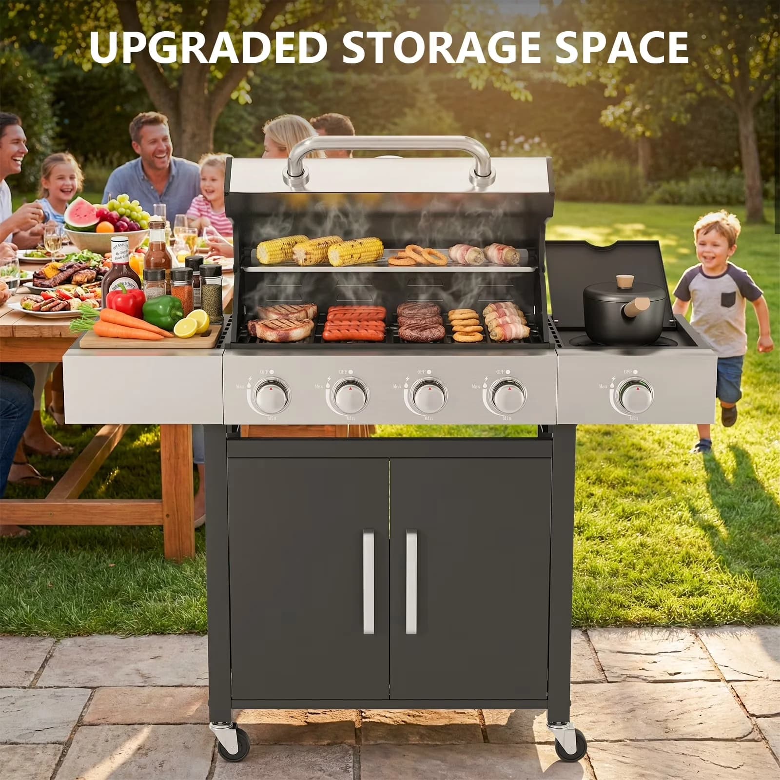 Gas Grill Innovative with Heat Thermometer, Side Burner Stainless Steel BBQ, Outdoor 4 Burner Propane - Stainless Steel Model 39D513