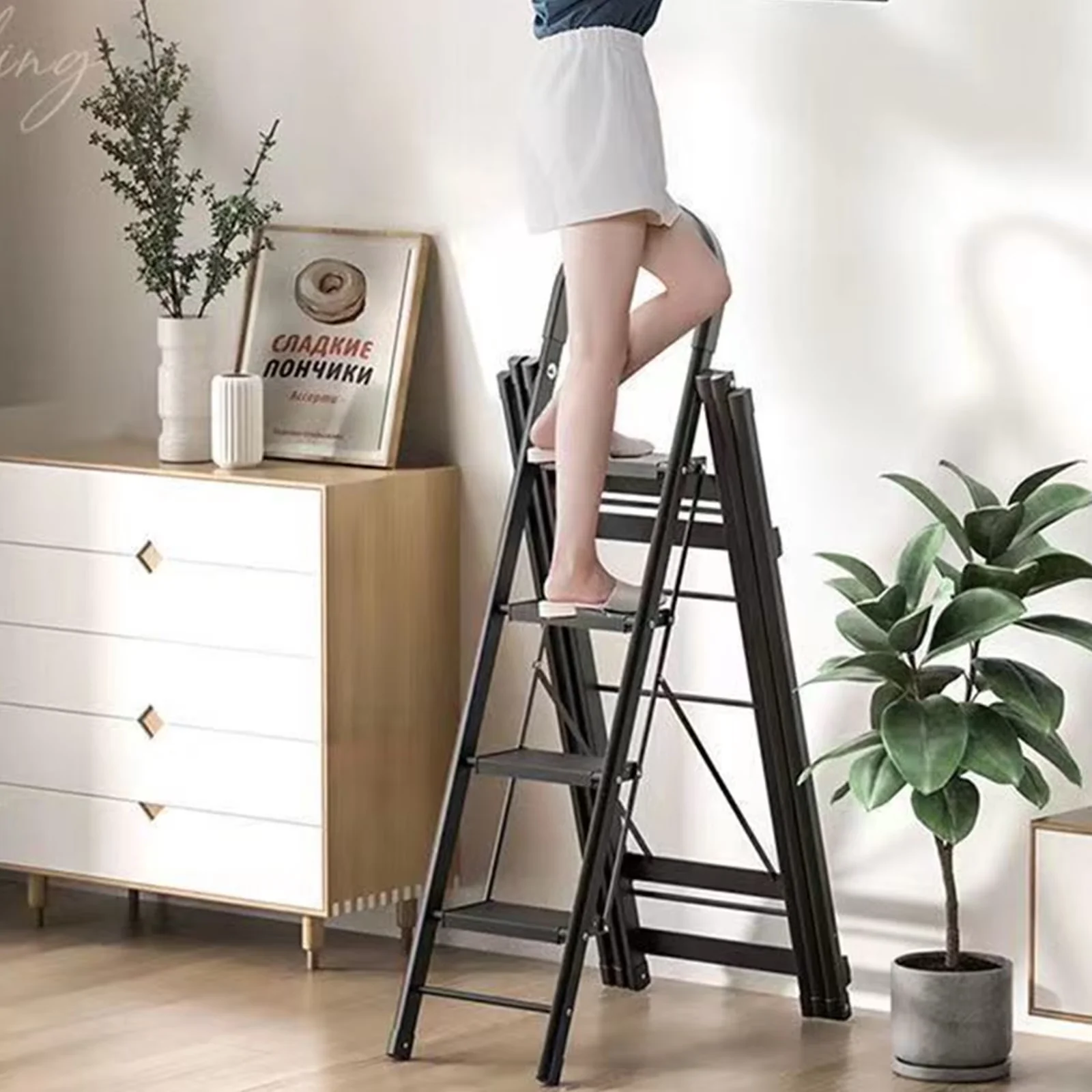 Durable Building Material with Adjustable, Multi-Purpose 6 Step Folding Ladder, 335-lb Load Capacity - Black Metal Model B2267E