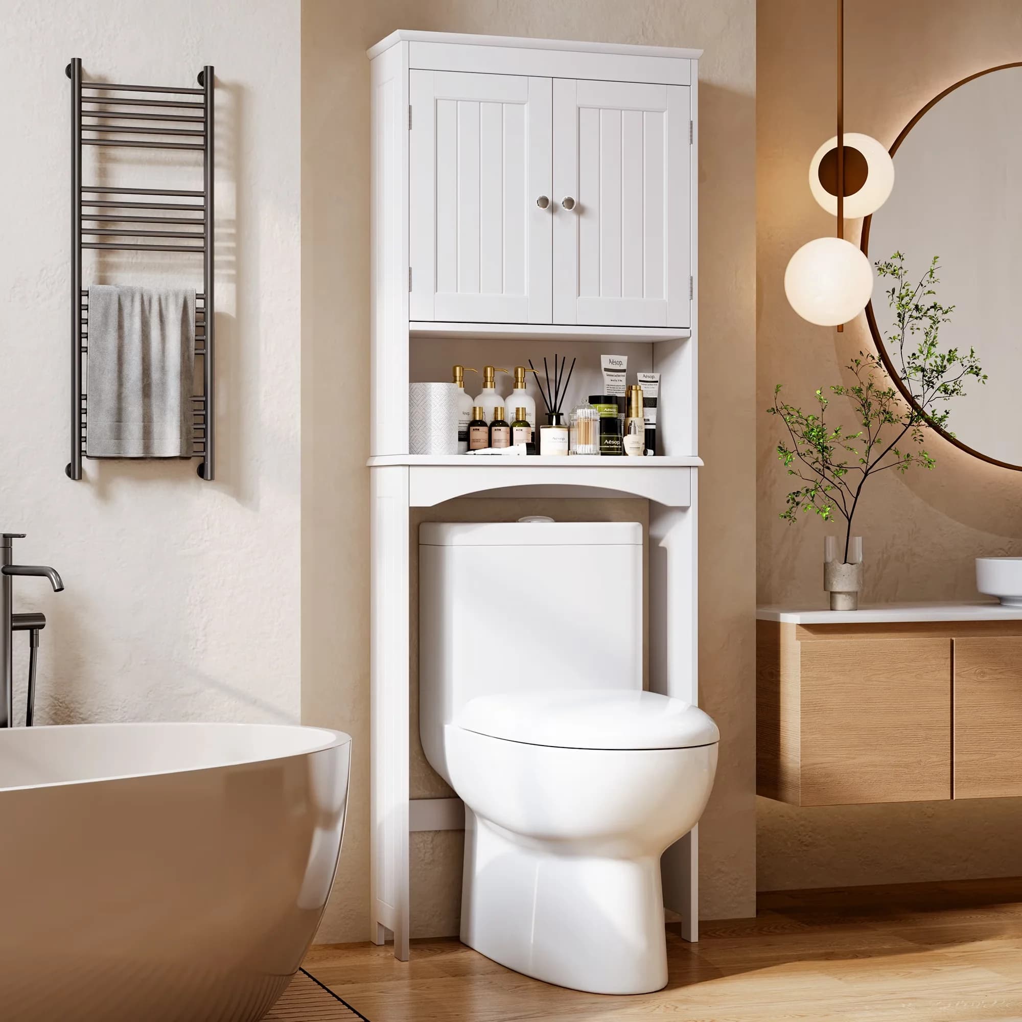 Essential Bathroom Renovation with Adjustable Shelves, Modern, Adjustable Shelf & 2 Doors - White Medium Density Fiberboard Model 00F46F