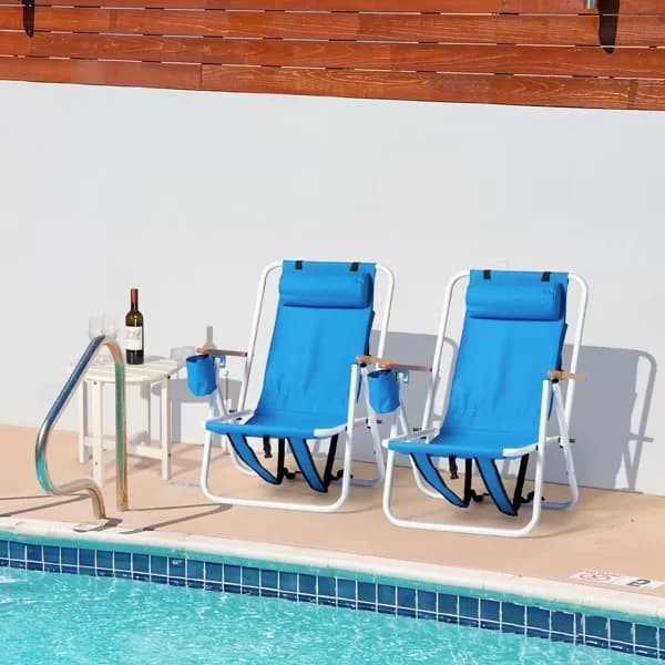 Sleek Beach Chair with Folding, 2 Pack Chairs, Headrest & Cup Holder - Blue Model 792464