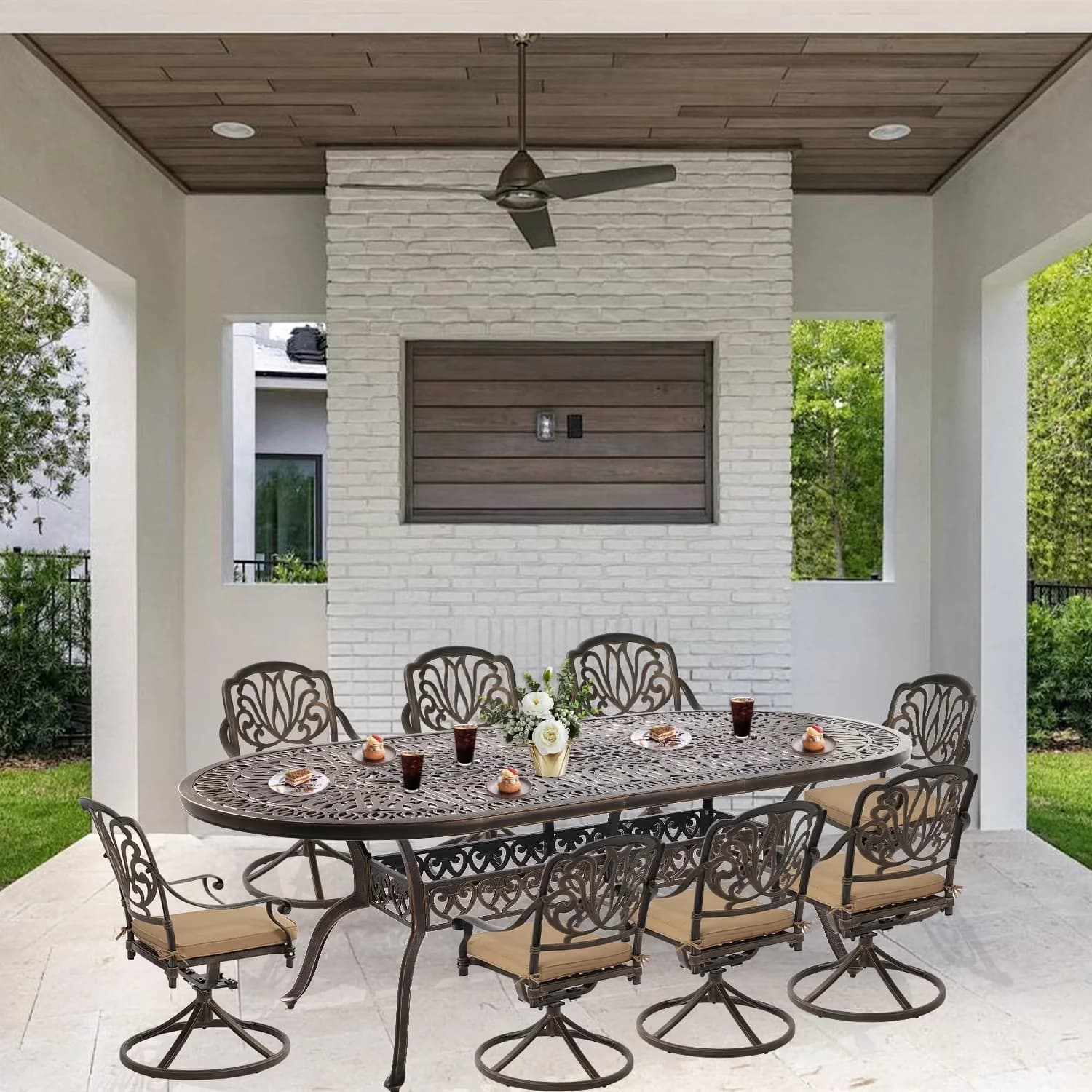 Premium Patio Dining Set with Weatherproof, Metal Swivel Chairs of 8, 1.96" Umbrella Hole - Bronze Cast Aluminum Model 59702F